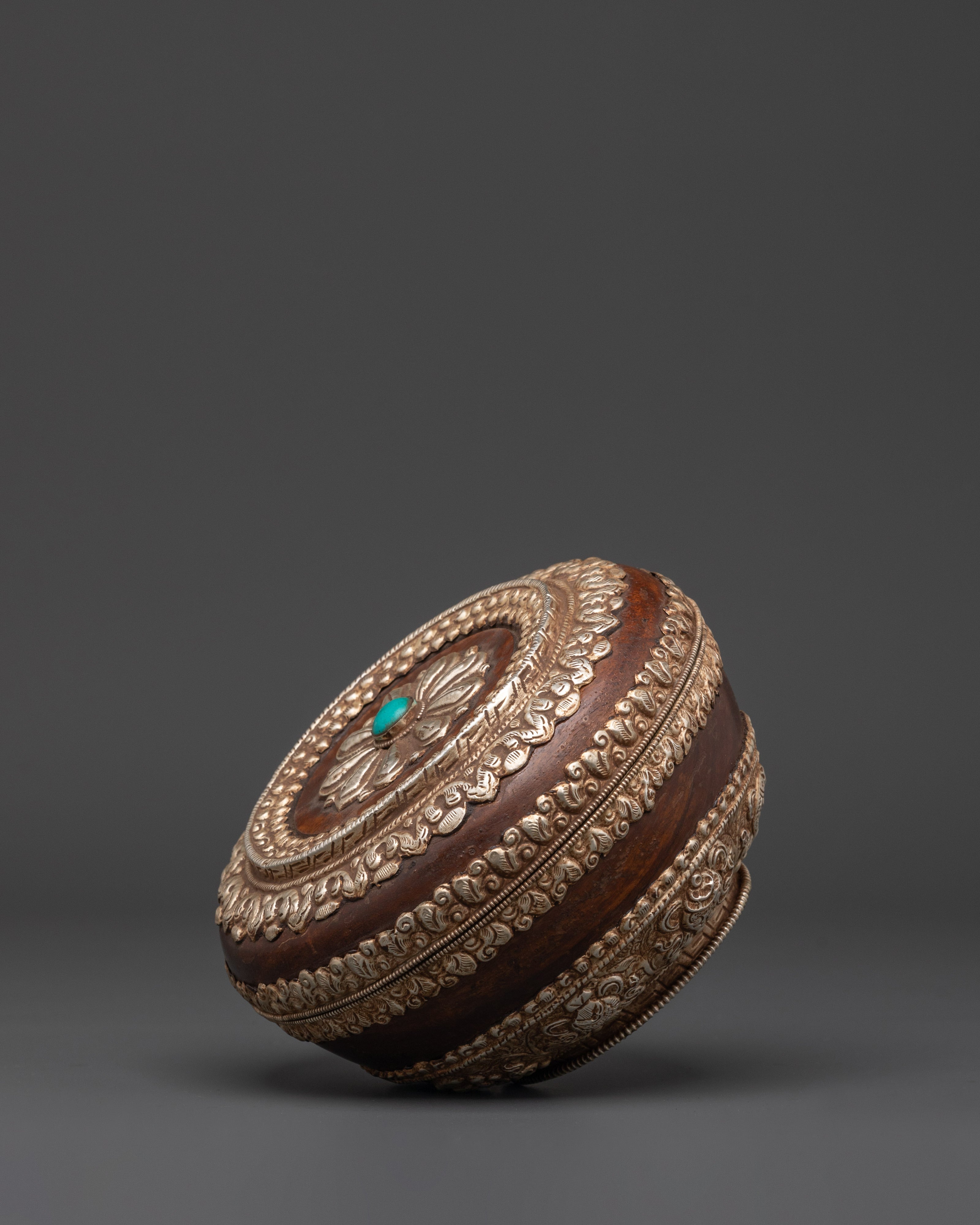 Authentic Tibetan Wood Rice Pot | Traditional Ritual Bowl with White Metal Details