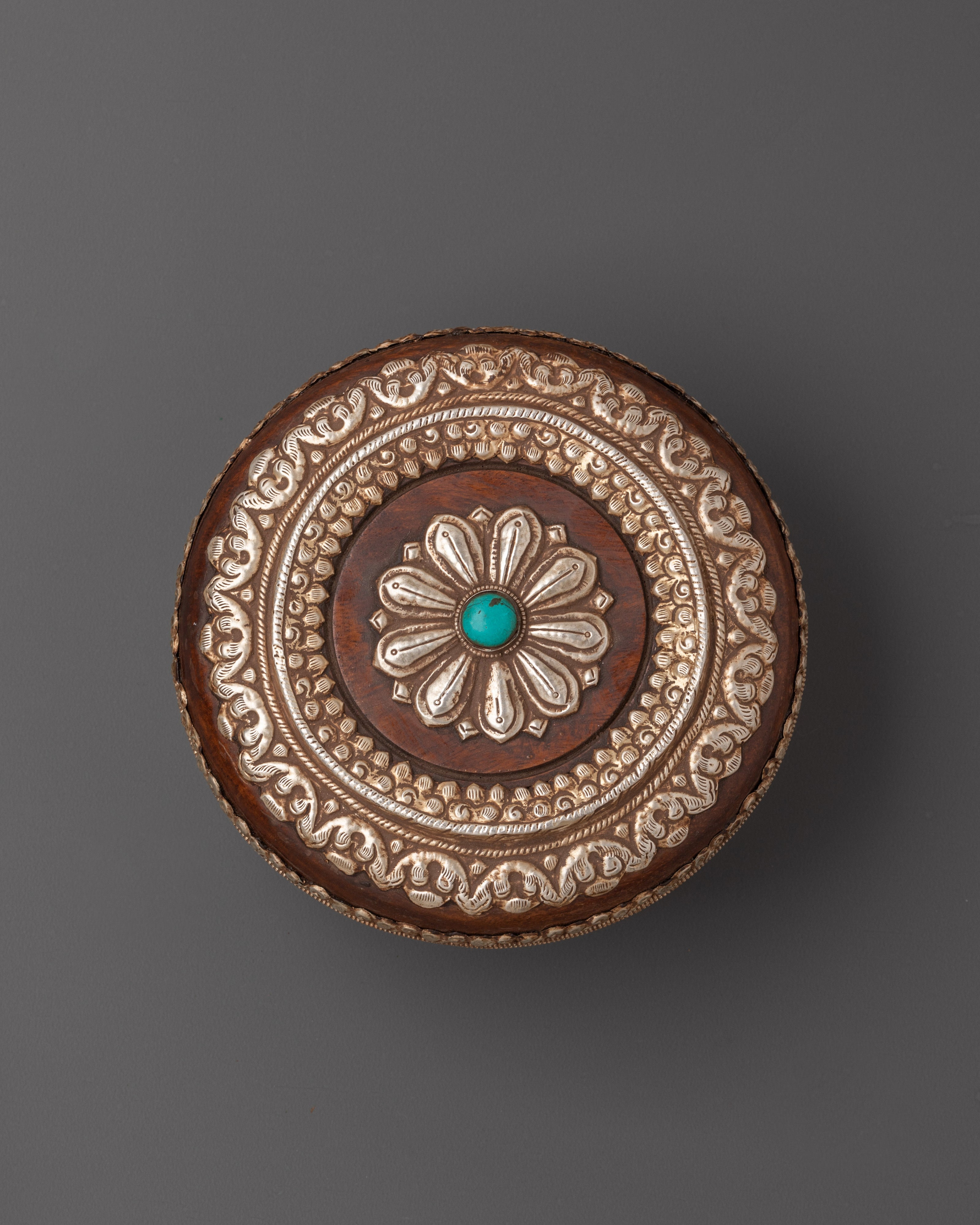 Authentic Tibetan Wood Rice Pot | Traditional Ritual Bowl with White Metal Details