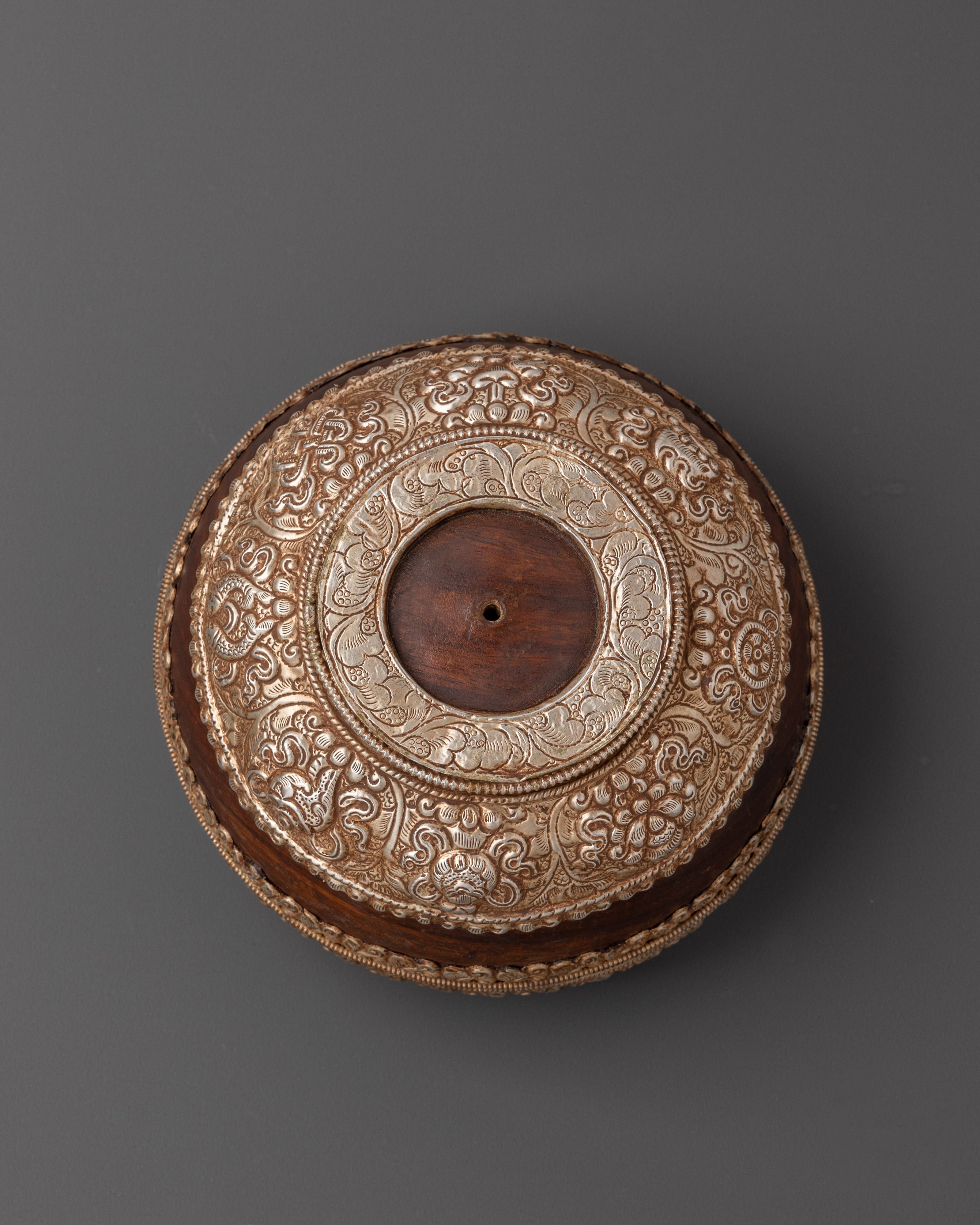 Authentic Tibetan Wood Rice Pot | Traditional Ritual Bowl with White Metal Details
