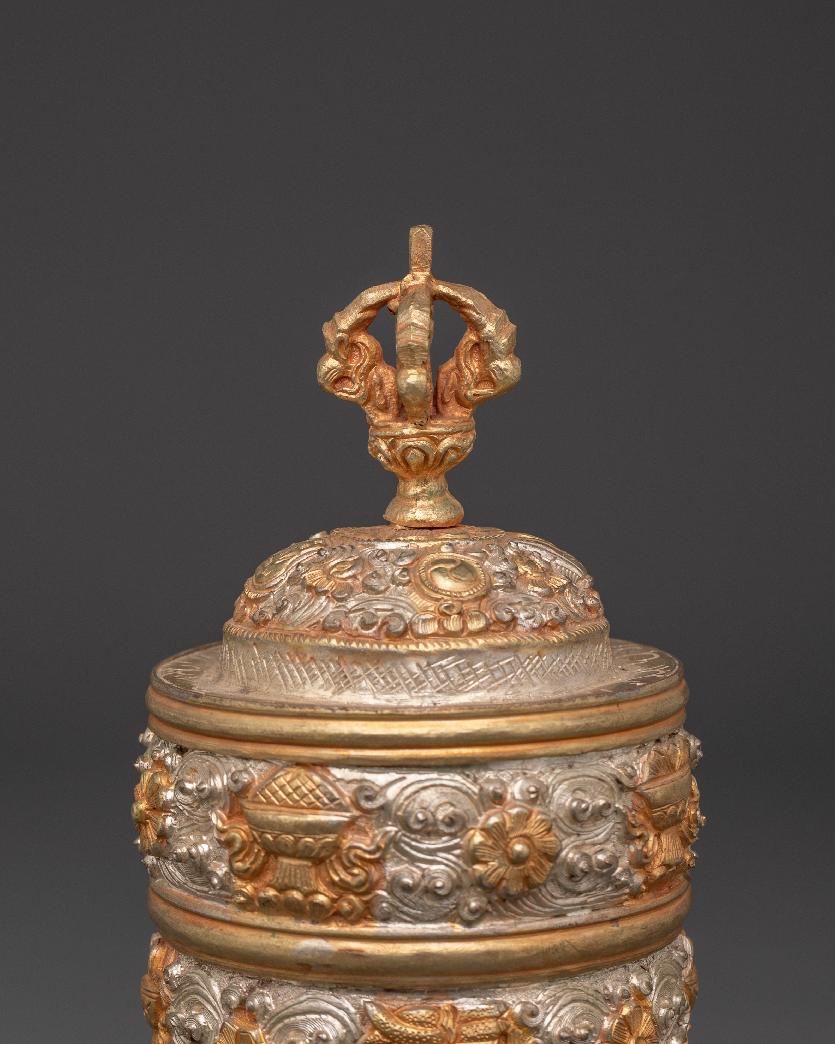 Ethnic Tibetan Rice Pot | Copper and Silver Plated Ritual Decorative Vessel