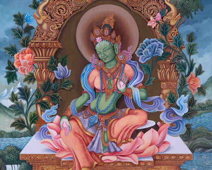 Divine Mother Green Tara Thangka Print | Traditional Artwork | Wall Decors