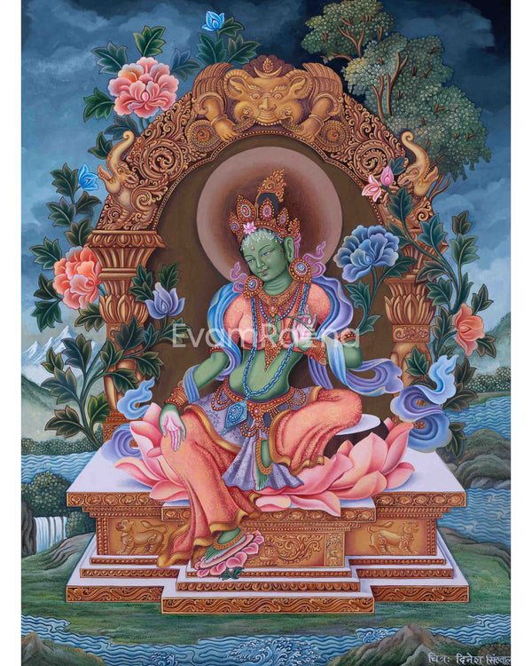 Divine Mother Green Tara Thangka Print | Traditional Artwork | Wall Decors