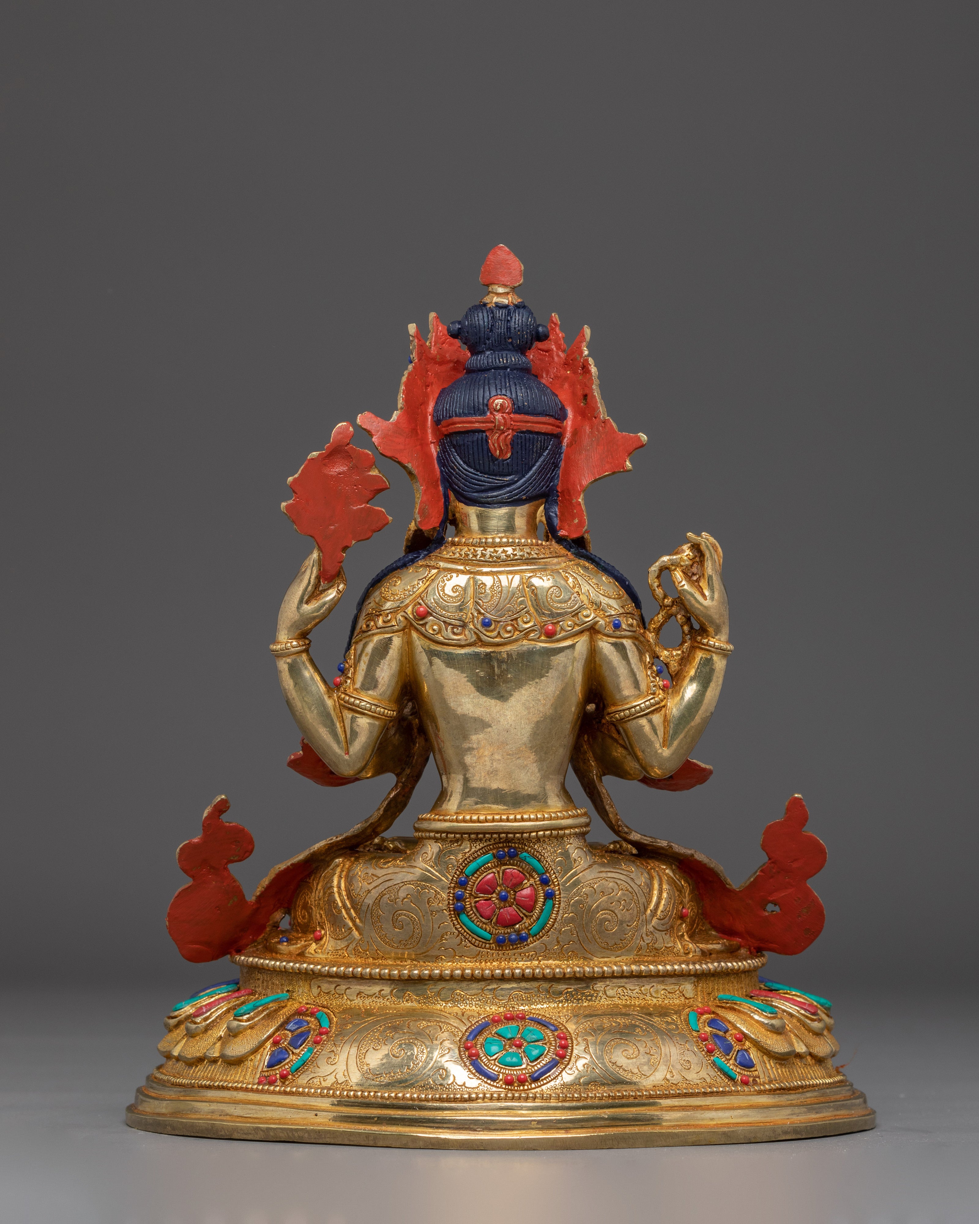 Gold Plated Buddhist Chenrezig Sculpture | Copper Sculpture with Coral & Turquoise