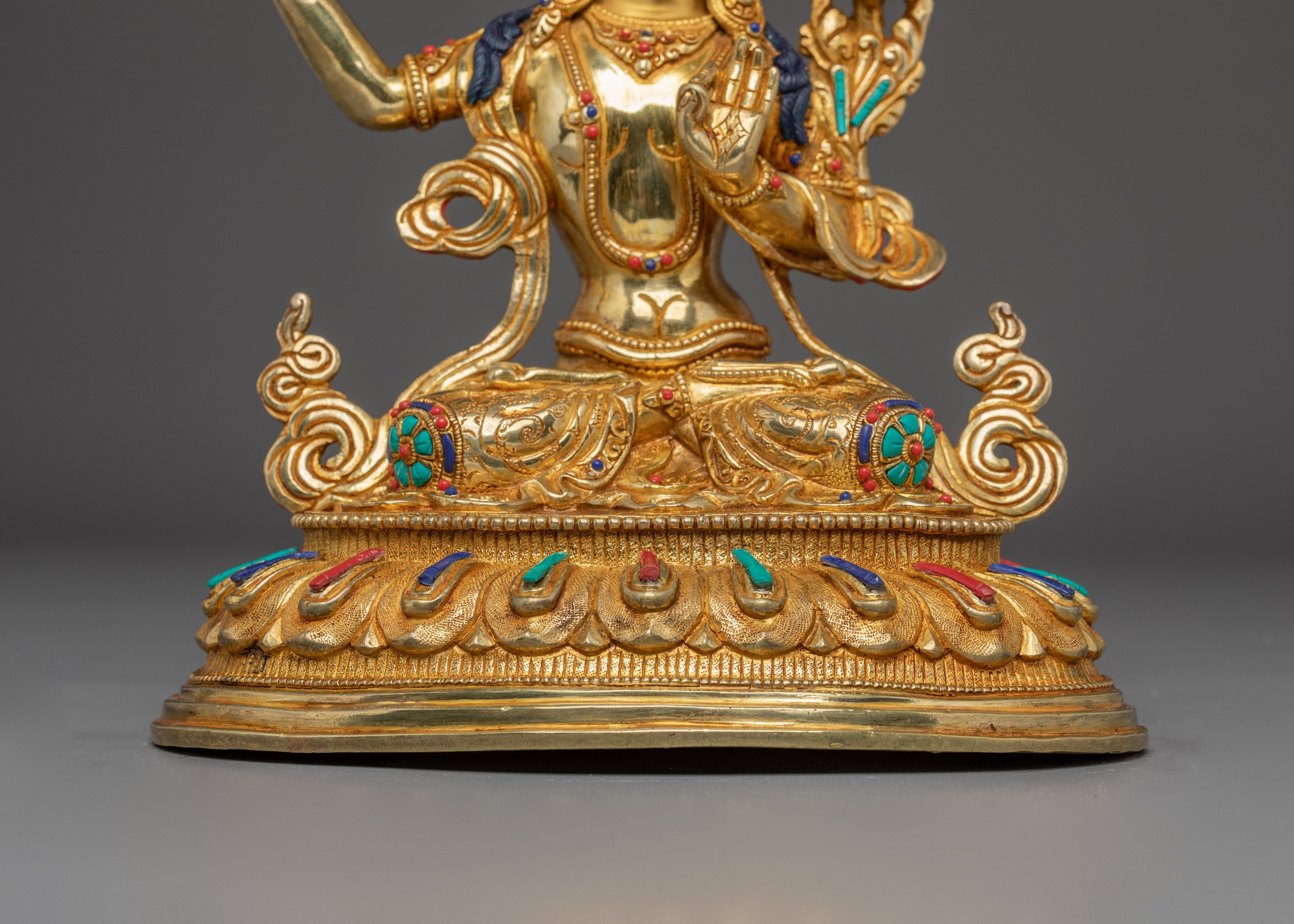 Handmade Manjushri Buddhist Sculpture | Gold Plated Manjushri Statue | Copper & Brass