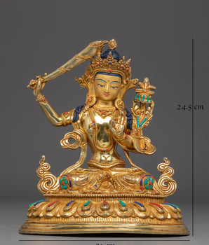 Handmade Manjushri Buddhist Sculpture | Gold Plated Manjushri Statue | Copper & Brass