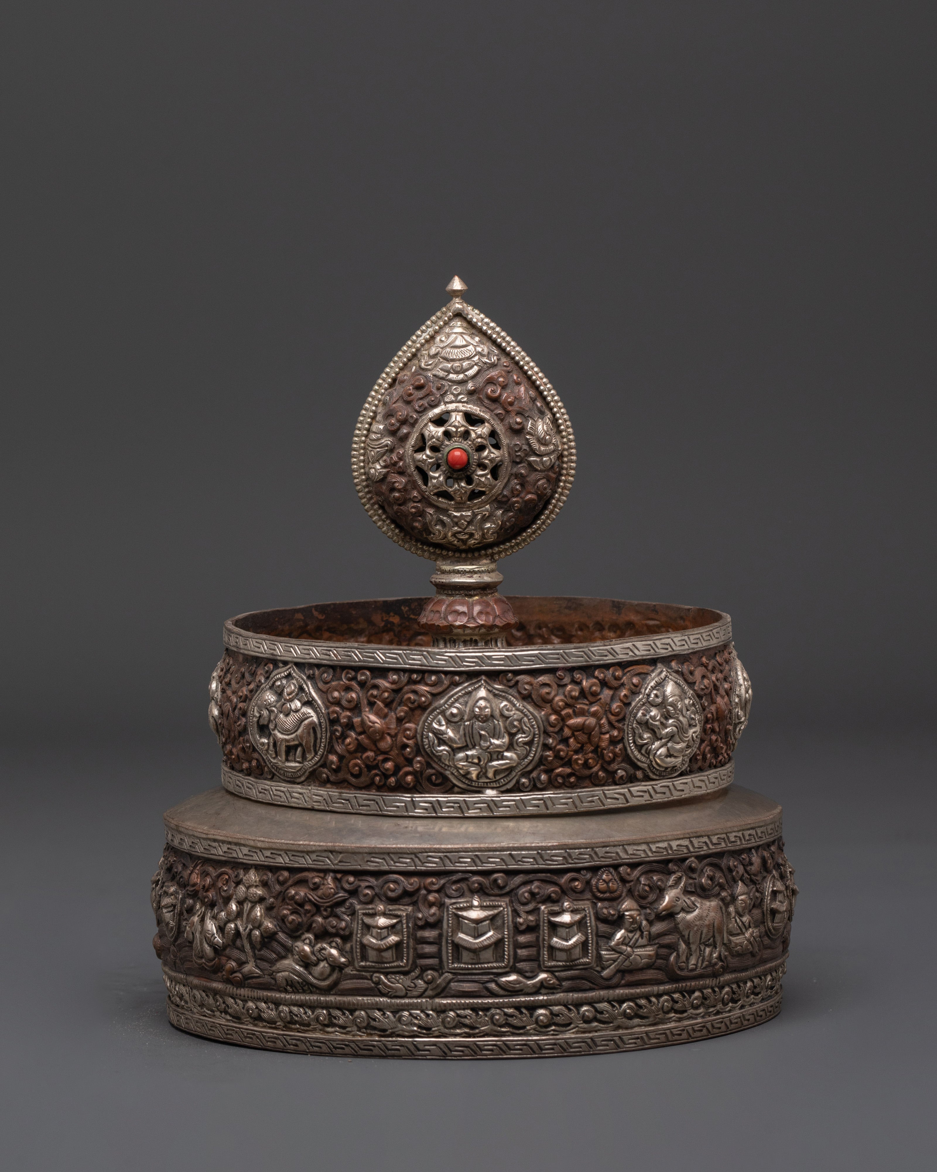 Tibetan Mandala Ritual Set | Handcrafted Oxidized Copper & Silver Plated Design