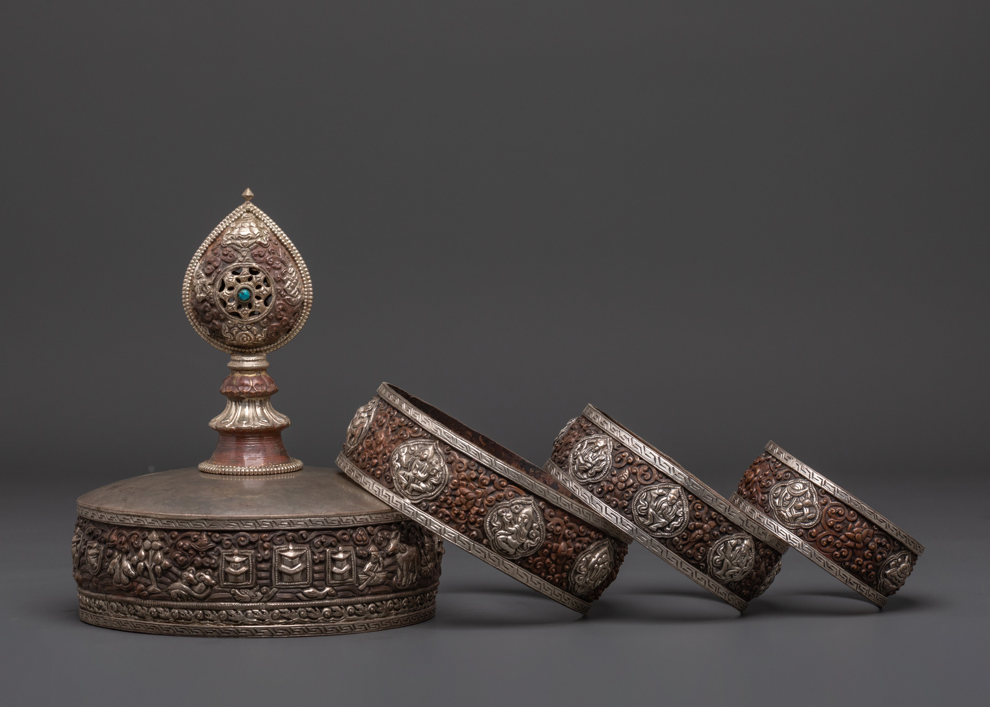 Tibetan Mandala Ritual Set | Handcrafted Oxidized Copper & Silver Plated Design