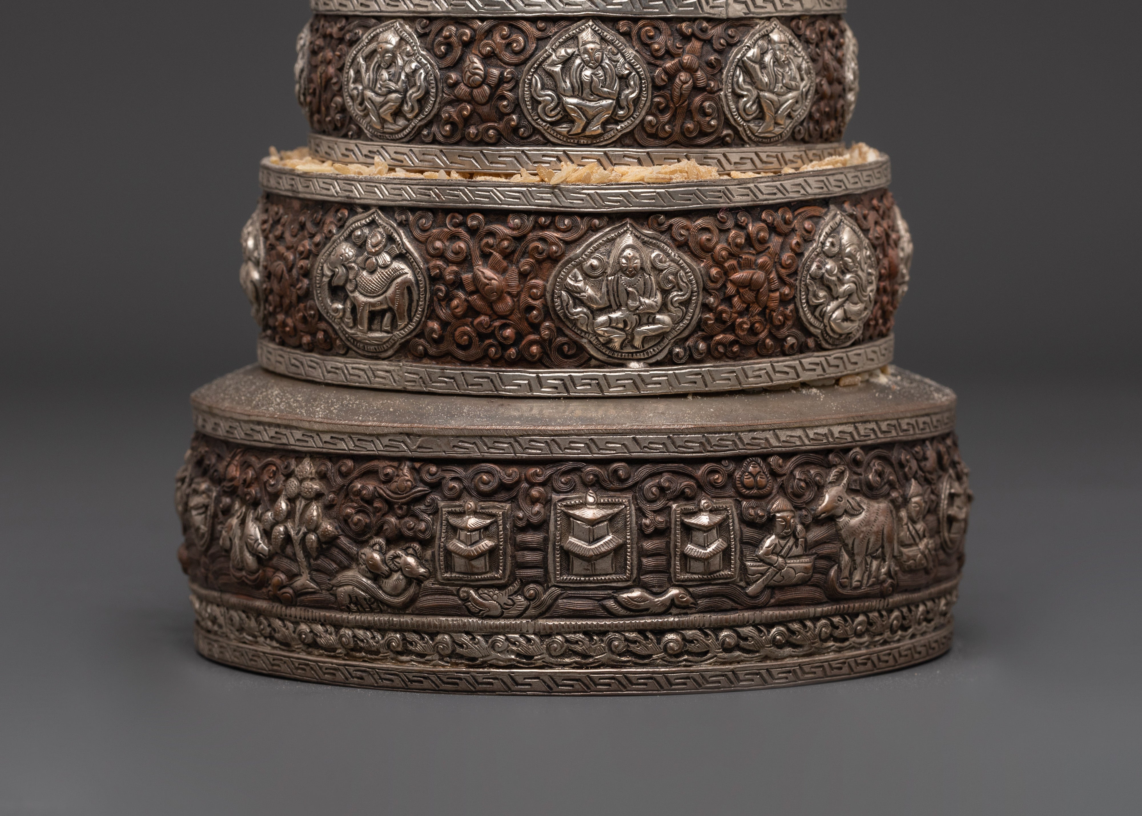 Tibetan Mandala Ritual Set | Handcrafted Oxidized Copper & Silver Plated Design