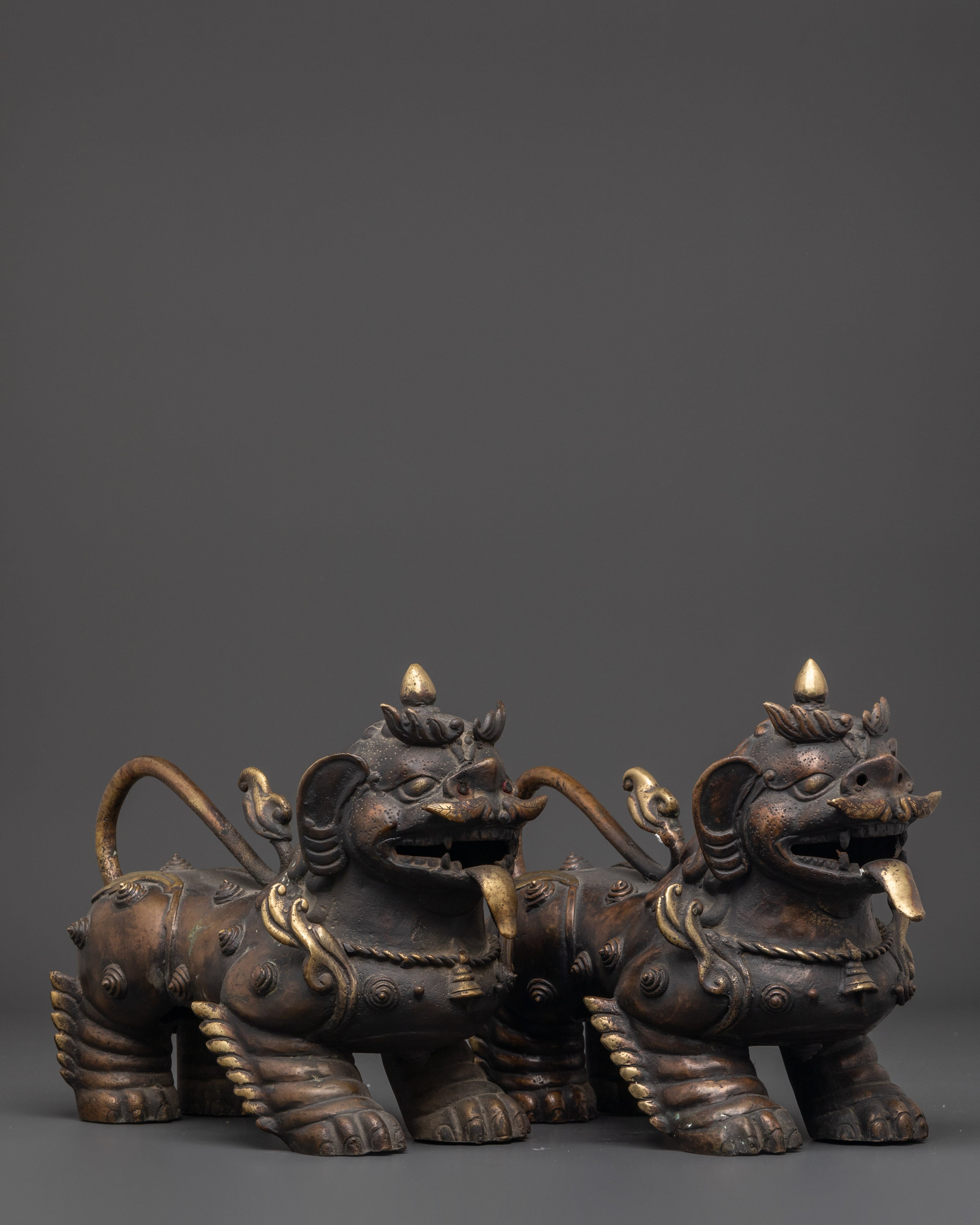 Himalayan Guardian Lion Sculptures Set | Sacred Bronze Protector Pair