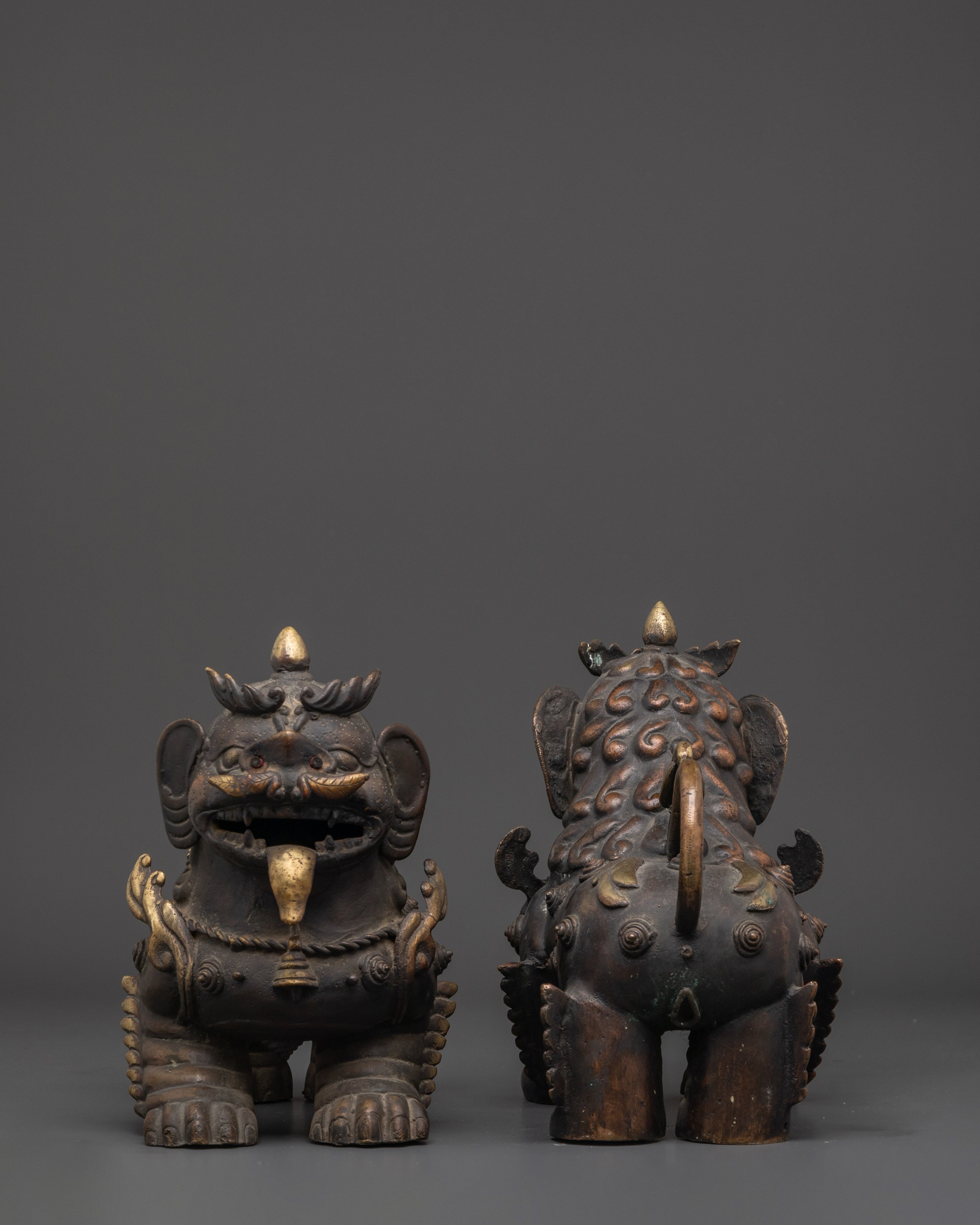 Himalayan Guardian Lion Sculptures Set | Sacred Bronze Protector Pair