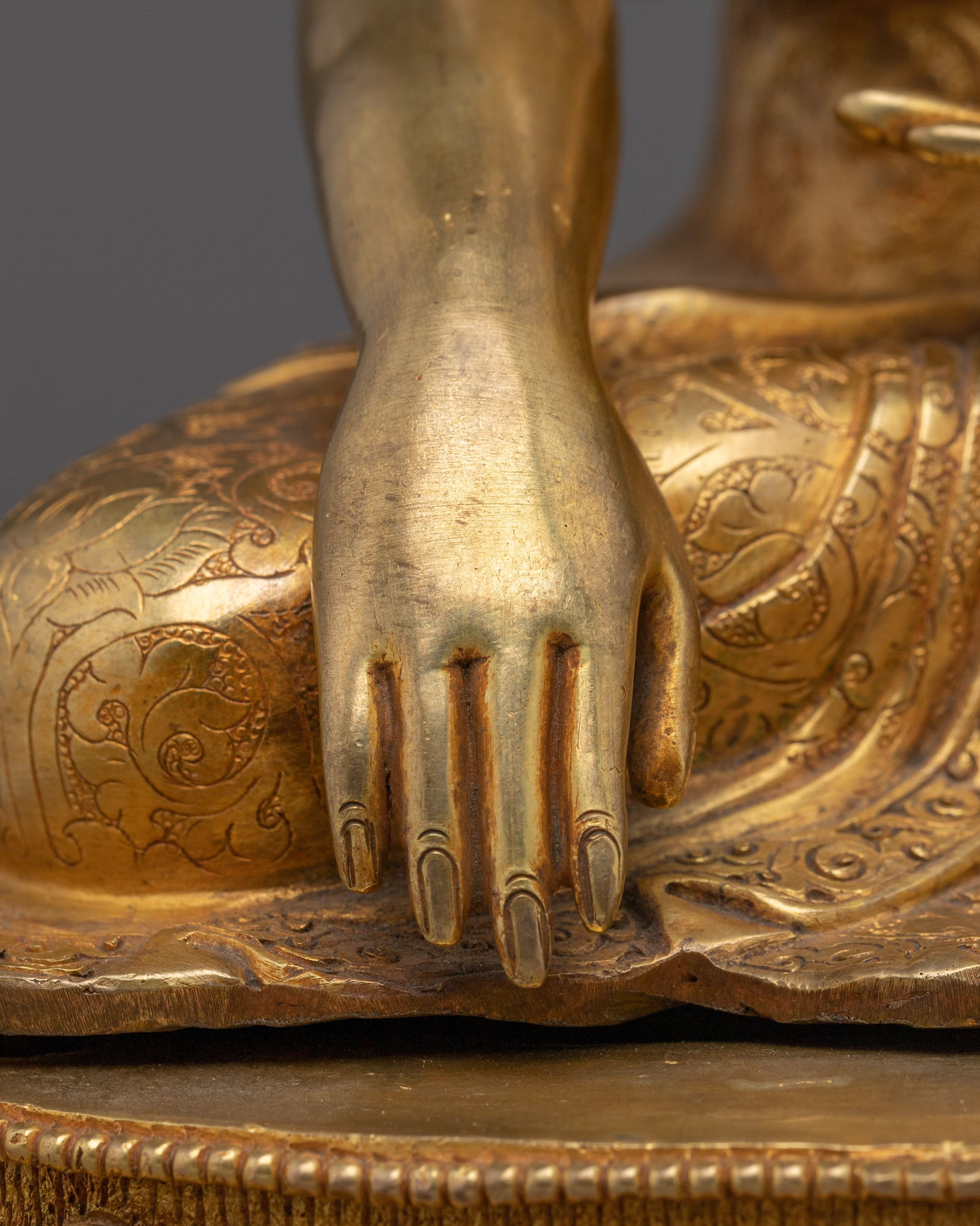 Copper Shakyamuni Buddha in Bhumisparsha Mudra | Fire Gold Plated