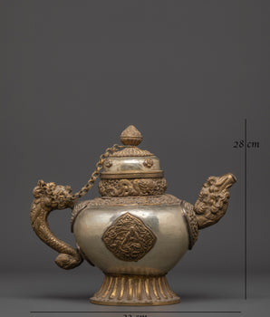 Handcrafted Buddhist Tea Pot | Traditional White Metal Pot with Dragon Handles