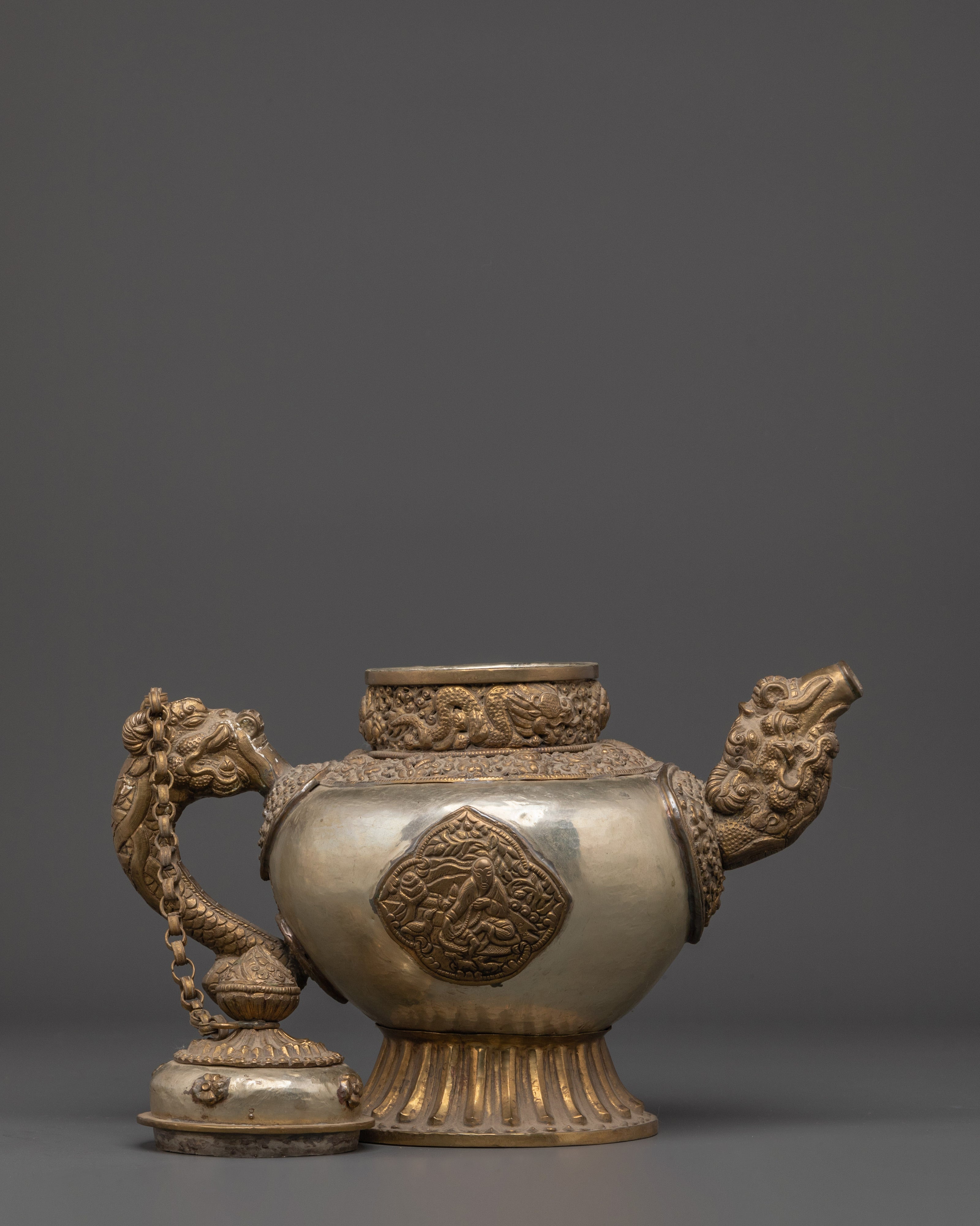Handcrafted Buddhist Tea Pot | Traditional White Metal Pot with Dragon Handles