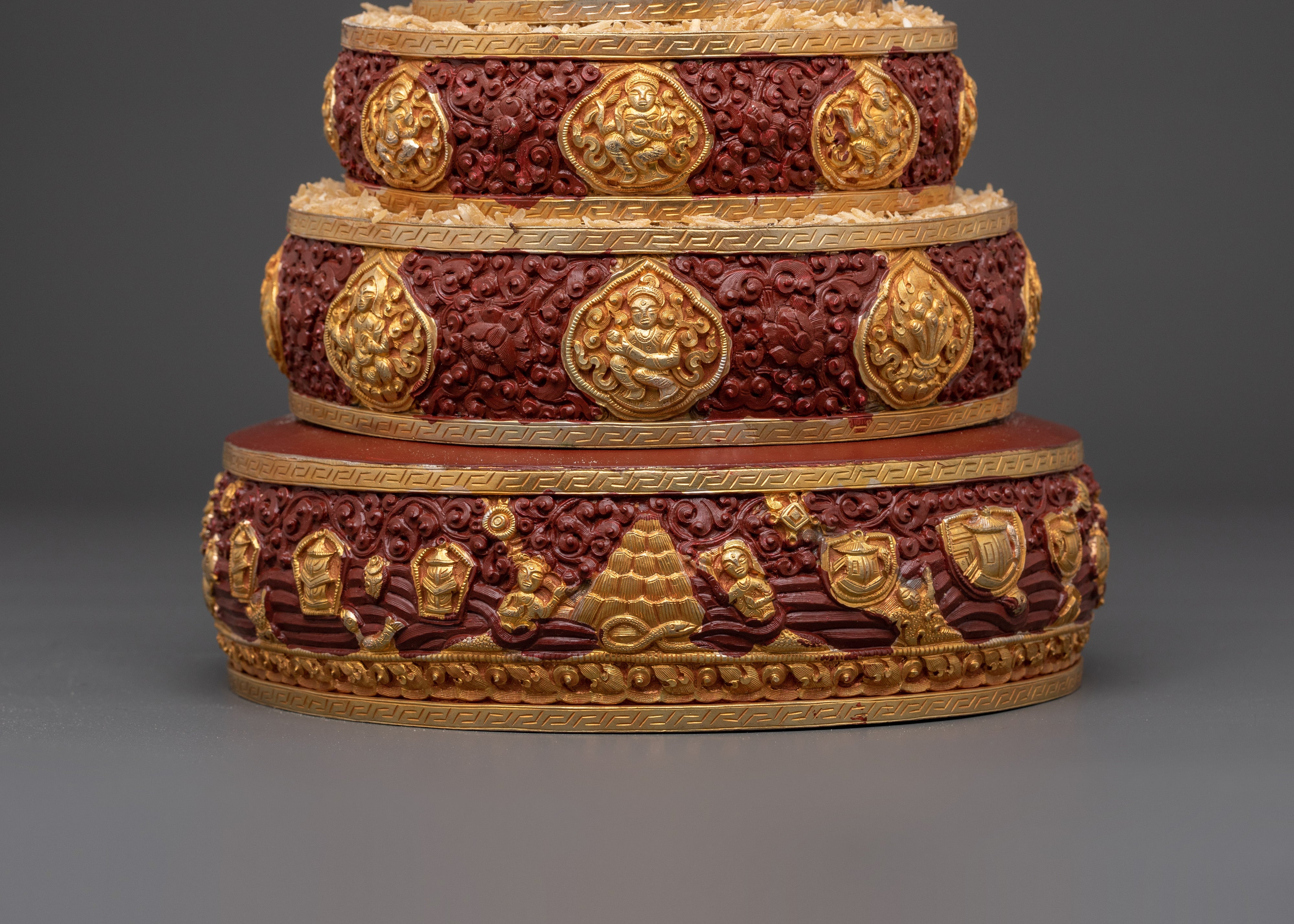 Mandala For Offering |  Copper with Gold Plating & Coral Stones