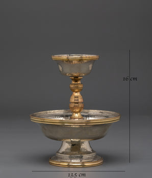 Handcrafted Buddhist Altar Serkyem Set | White Metal and Copper Ritual Offering Vessel