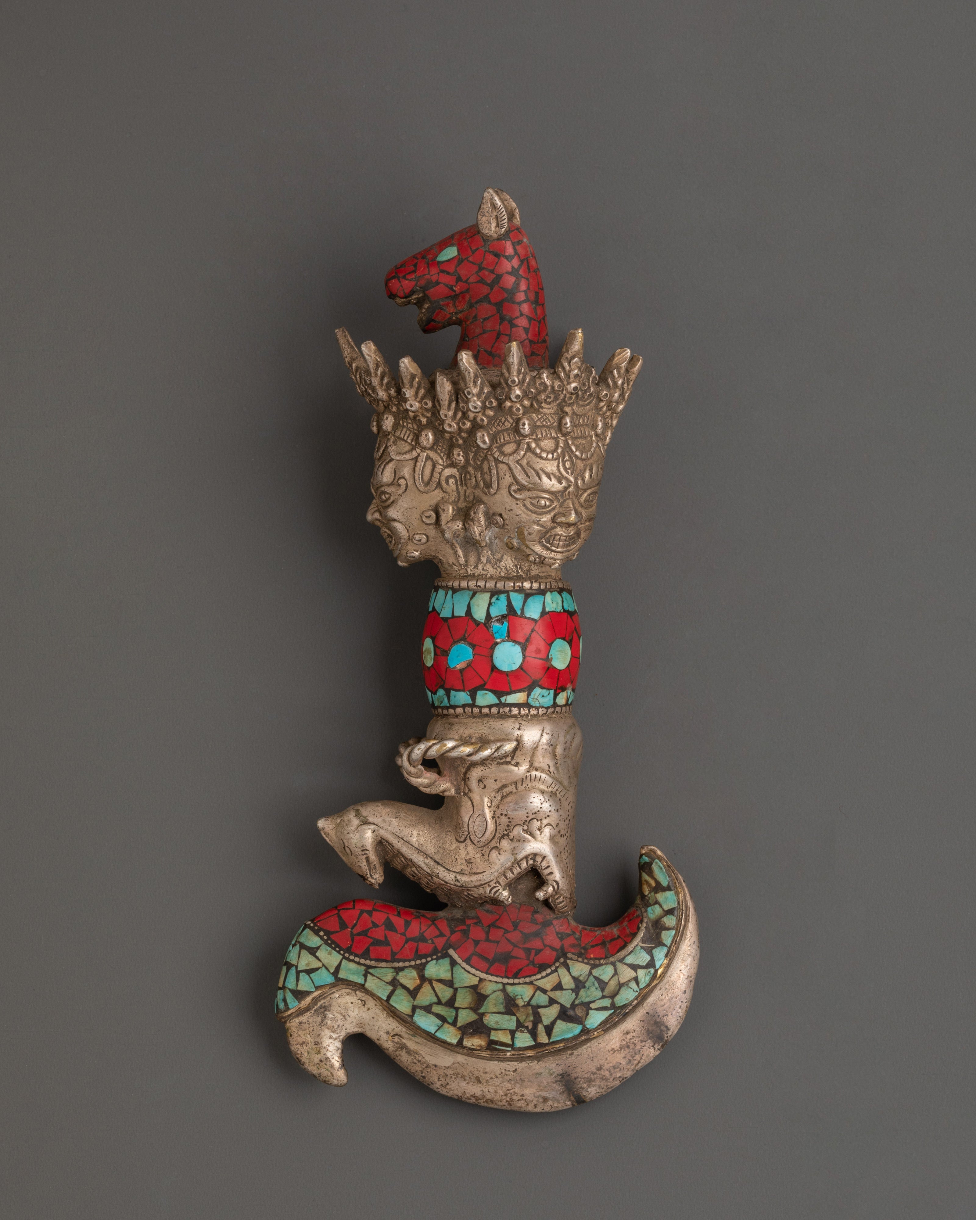 Tibetan Kartika Flaying Knife | Brass & Silver Plated Ritual Knife with Coral and Turquoise