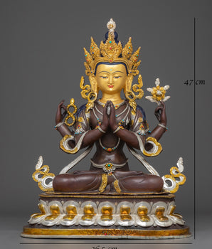 Handcrafted Four-Armed Chenrezig Statue | Oxidized Copper & Gold Plated Figurine