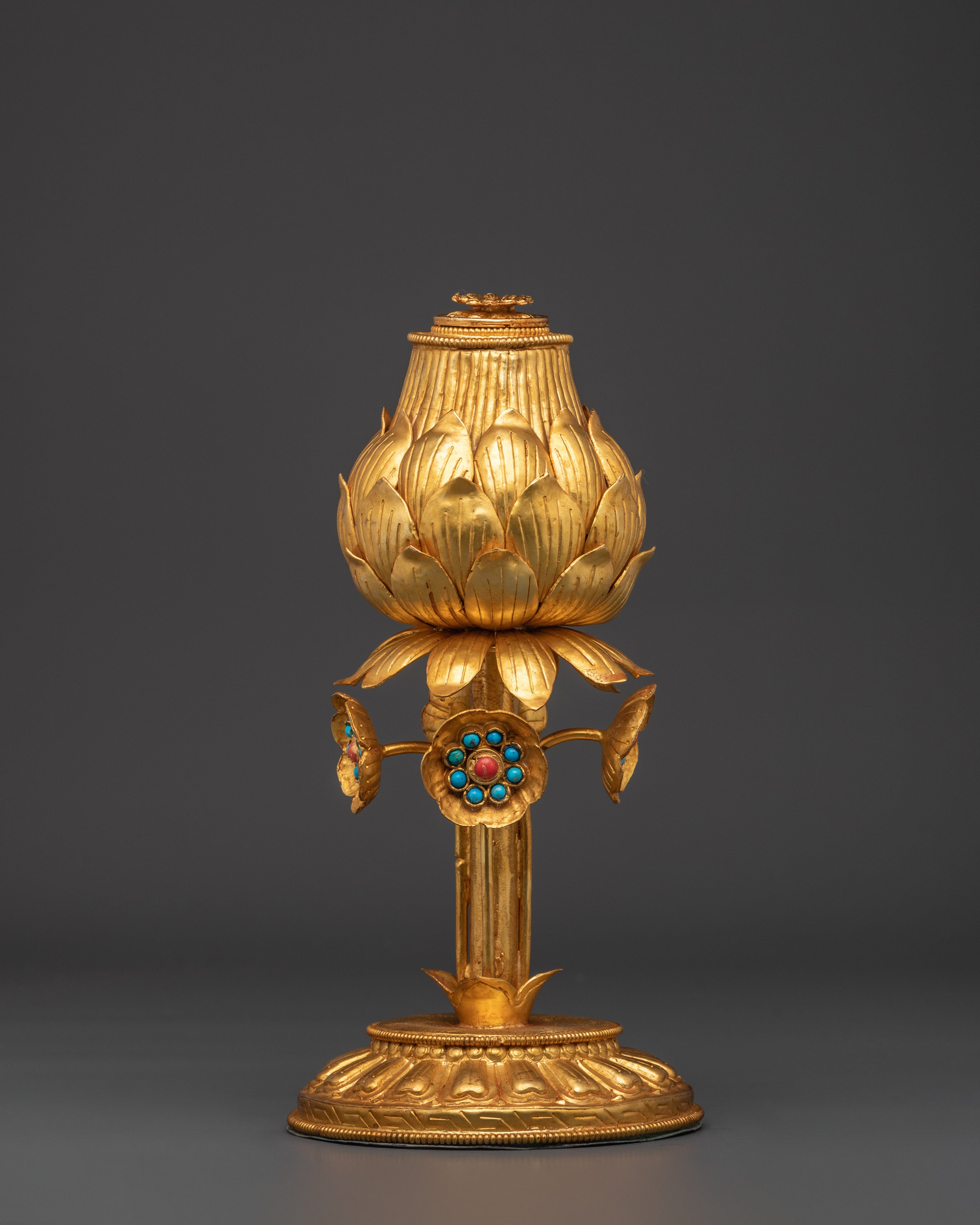 Gold-Gilded Lotus Vase Set | Turquoise Stone Inlay