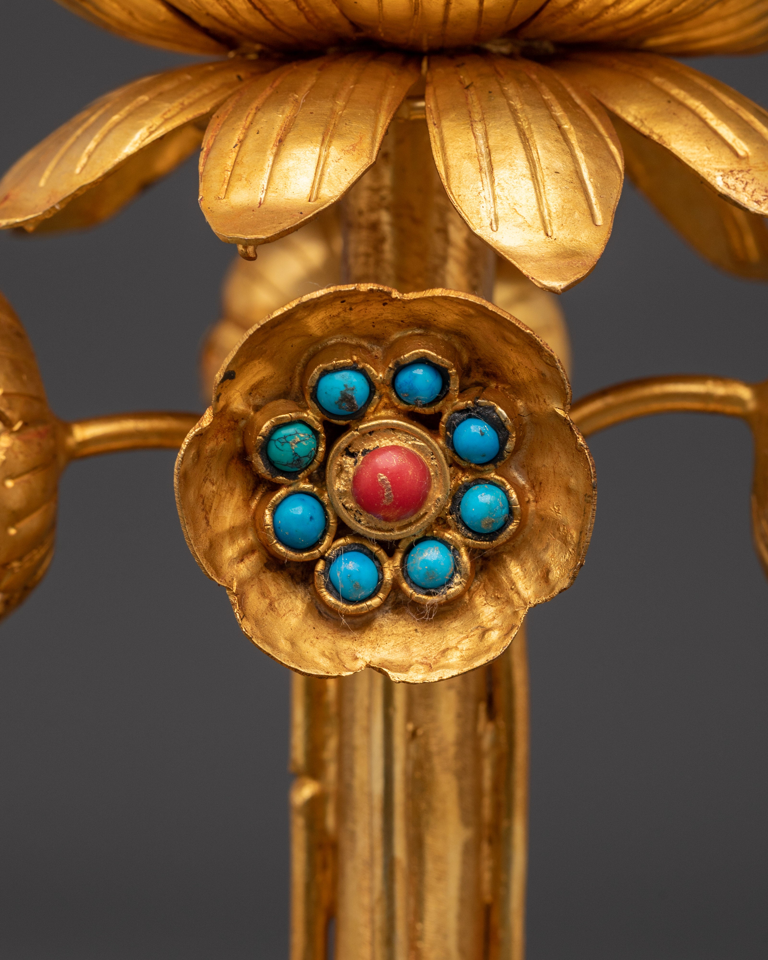Gold-Gilded Lotus Vase Set | Turquoise Stone Inlay