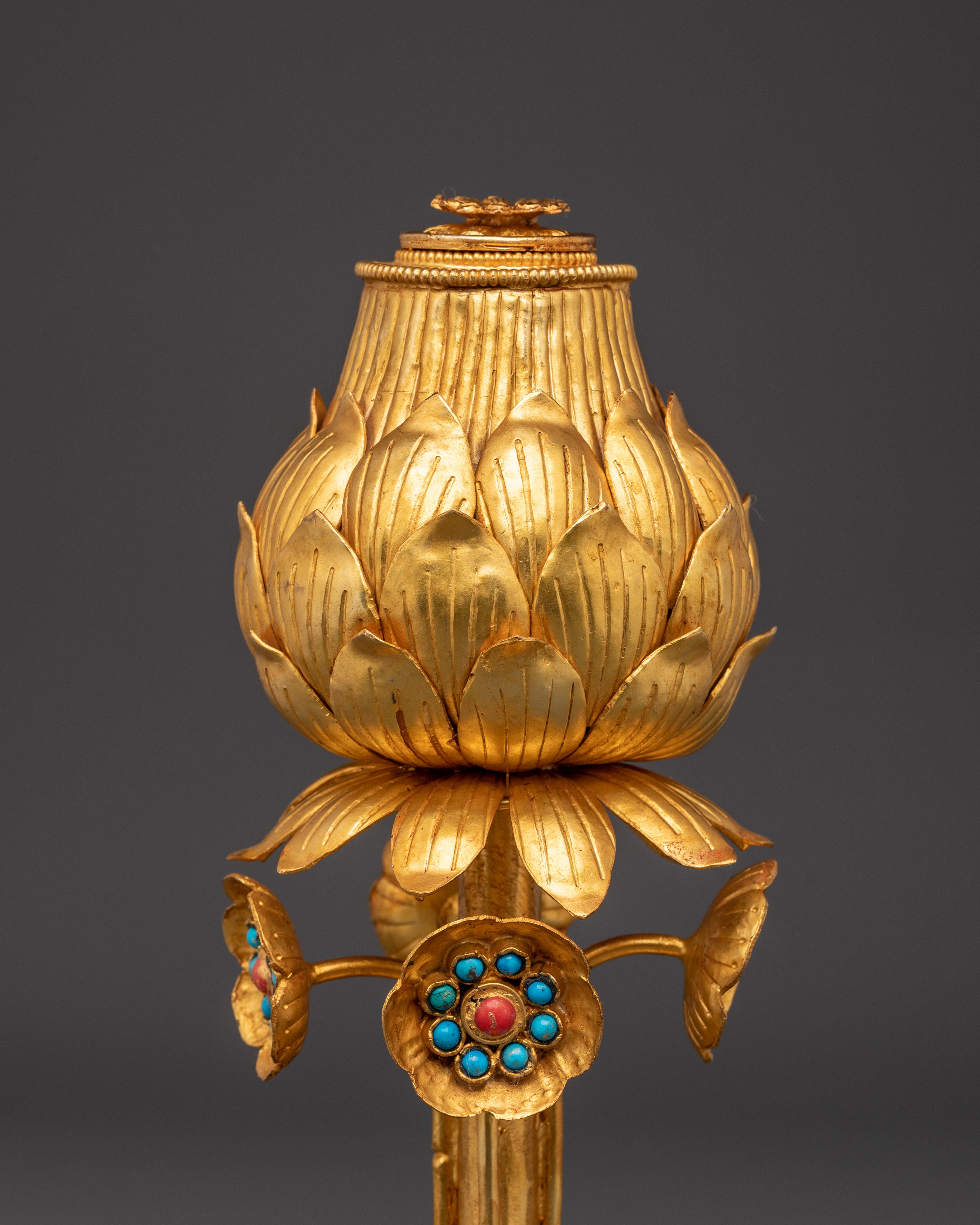 Gold-Gilded Lotus Vase Set | Turquoise Stone Inlay