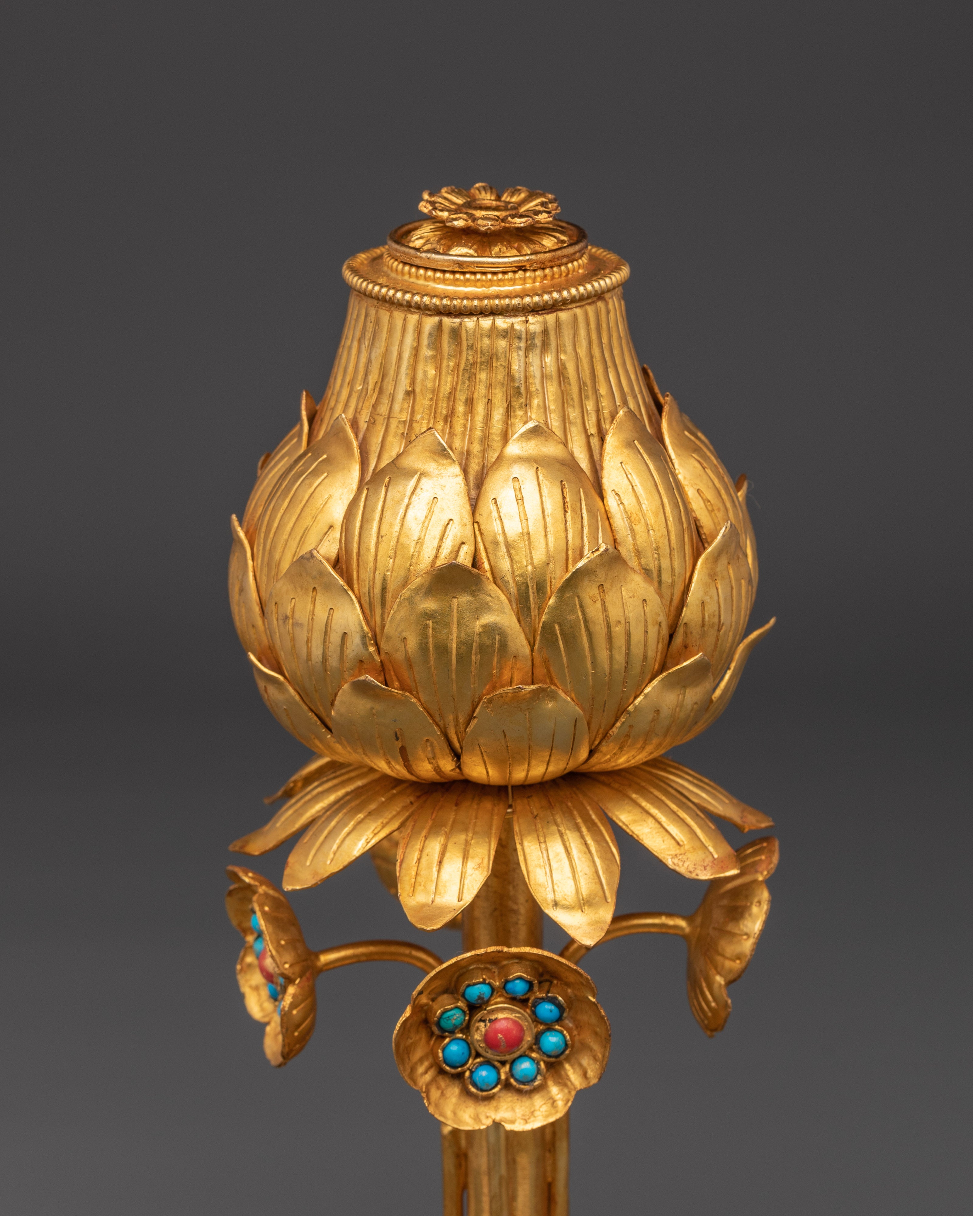Gold-Gilded Lotus Vase Set | Turquoise Stone Inlay