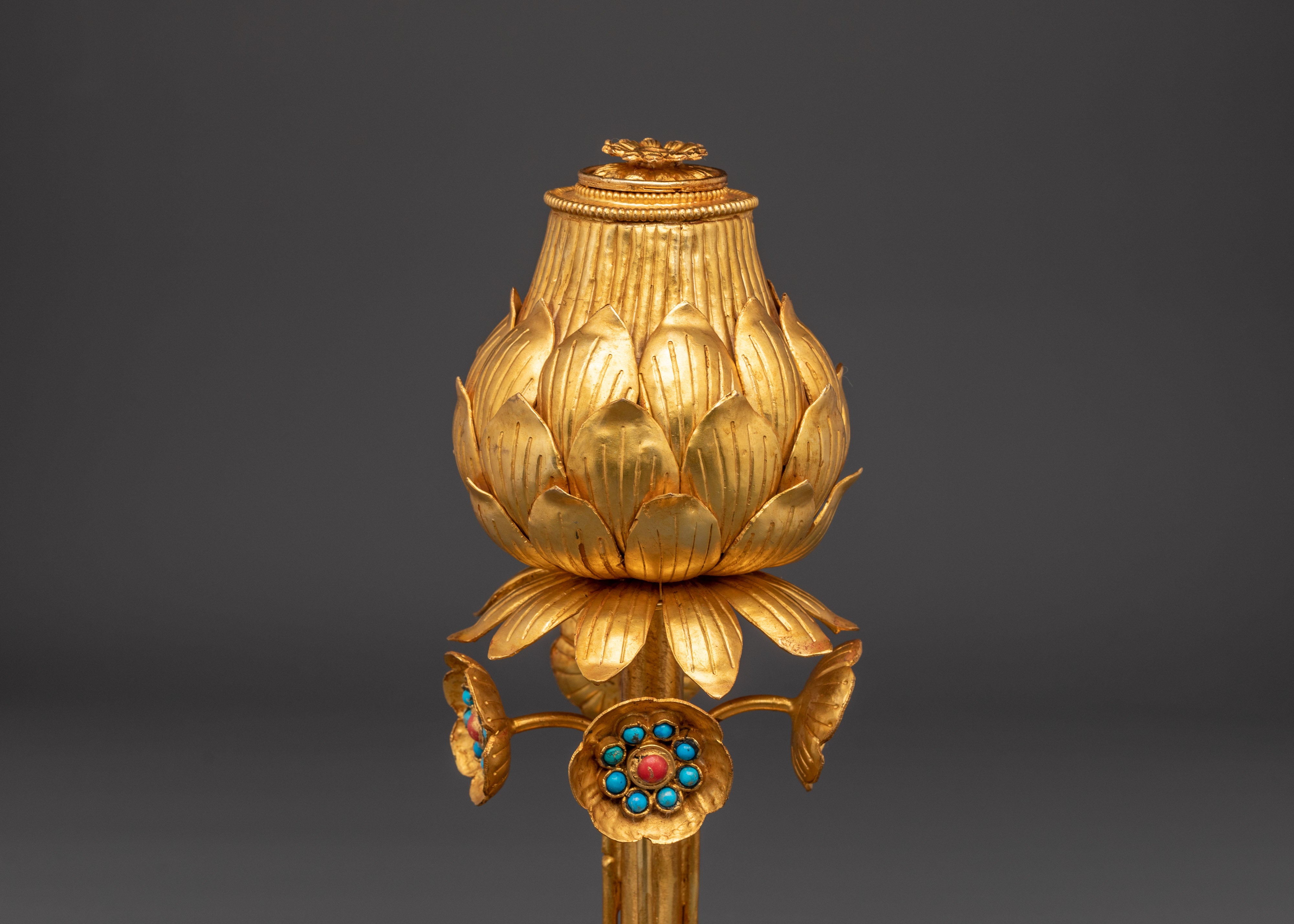 Gold-Gilded Lotus Vase Set | Turquoise Stone Inlay