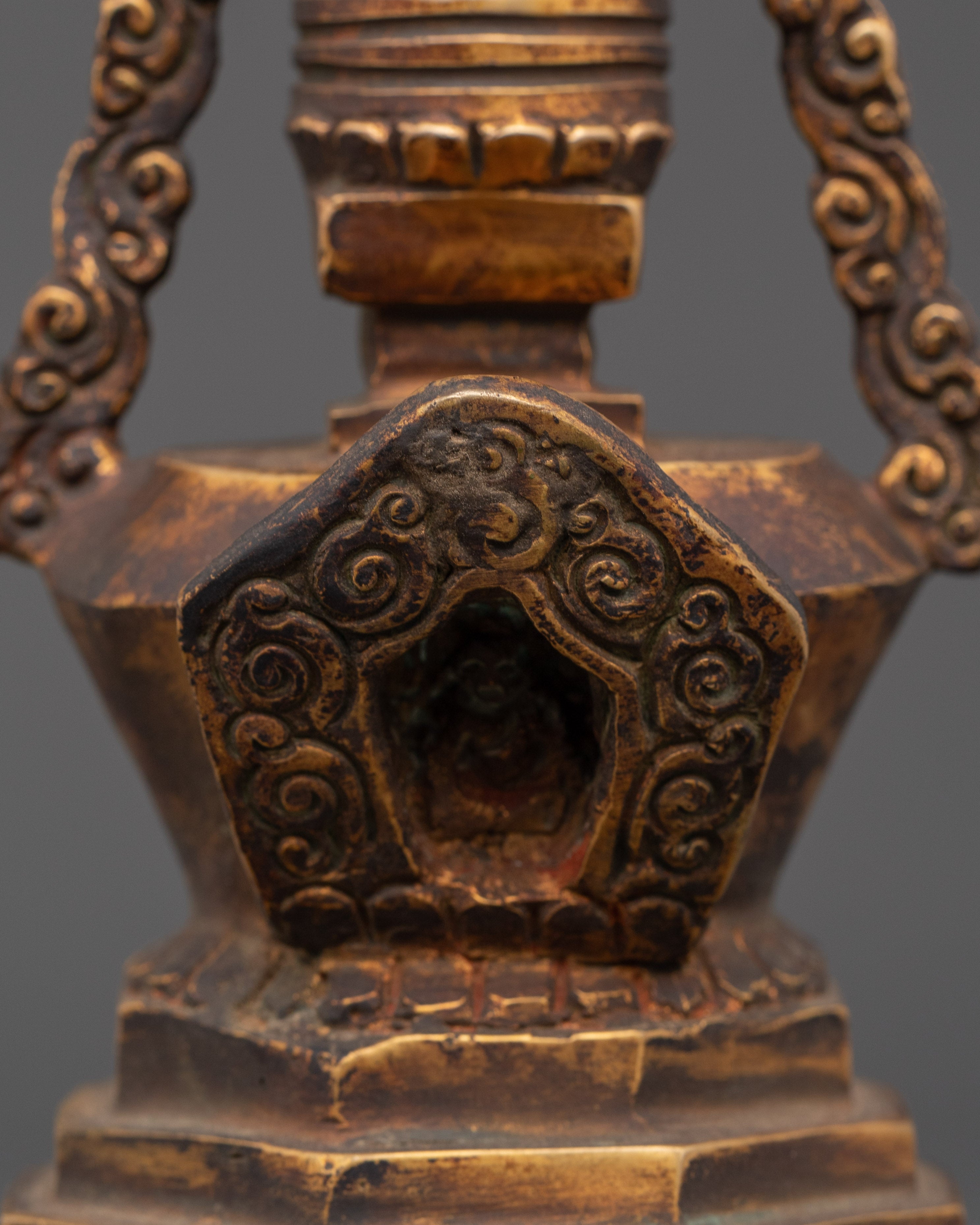 Copper And Gold Plated Stupa With Antique Finishing | Sacred Spiritual Artifact