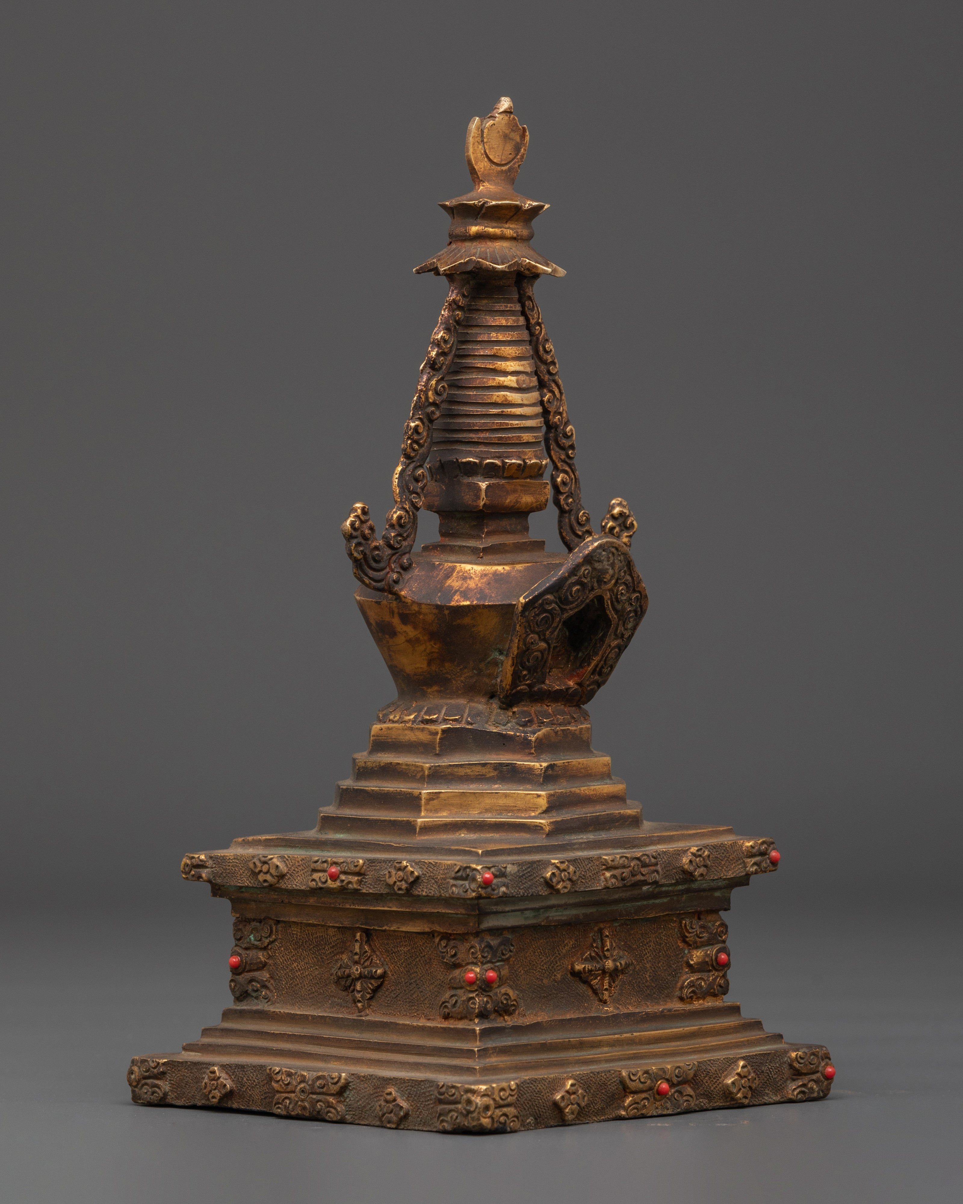 Copper And Gold Plated Stupa With Antique Finishing | Sacred Spiritual Artifact