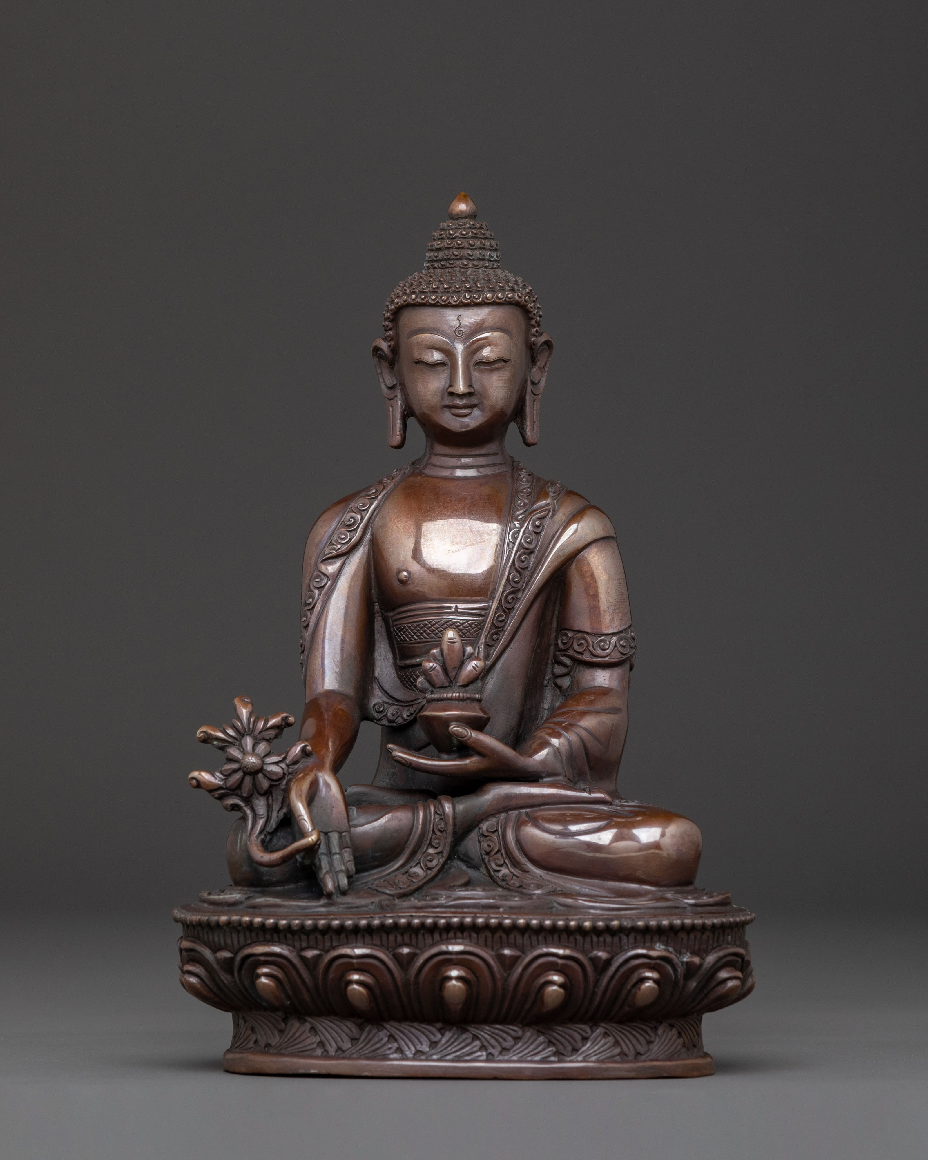 Healing Radiance: Medicine Buddha Spiritual Statue in Oxidized Copper