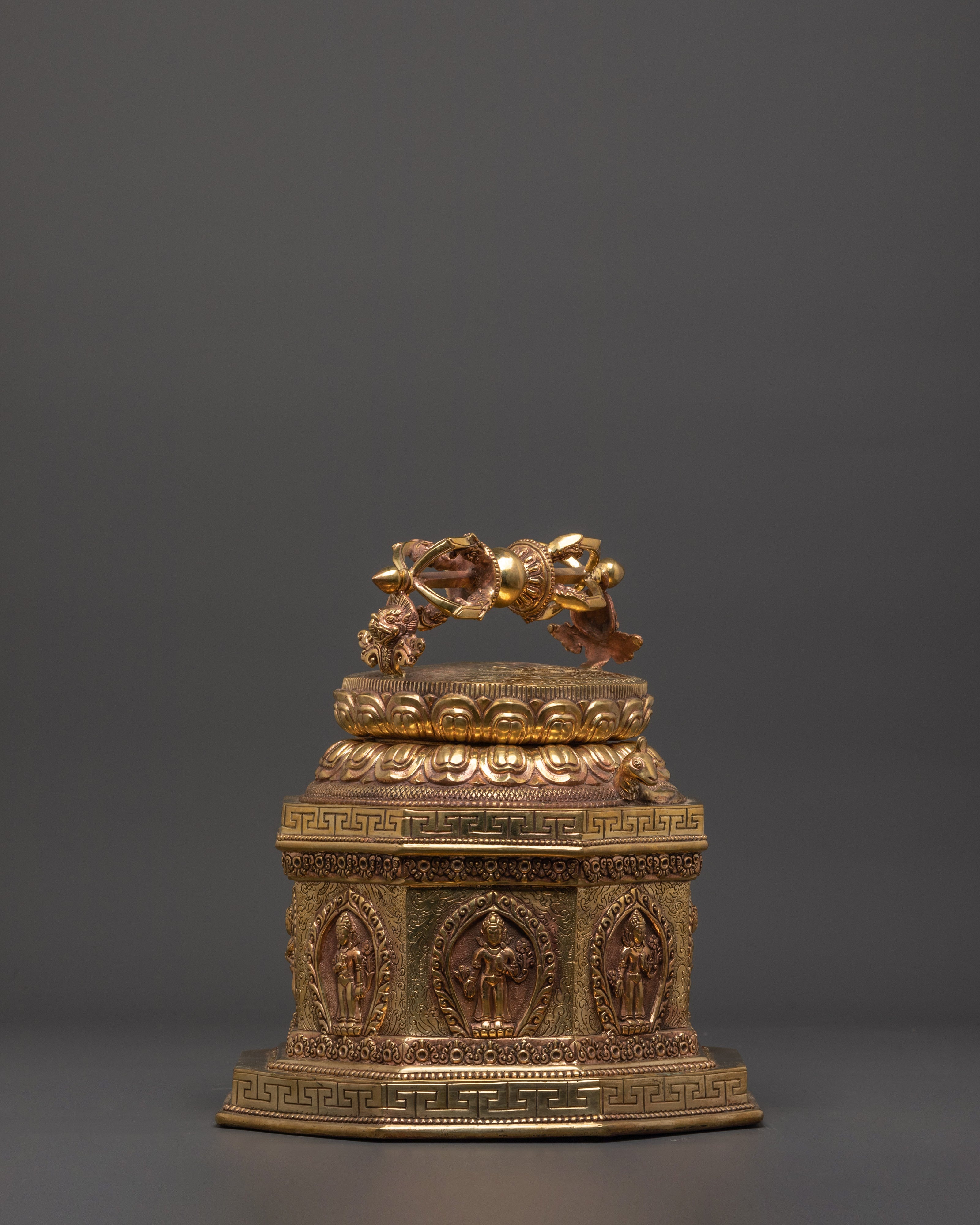 Sacred Buddhist Dharma Dhatu with Vajra | Gold Plated Copper Ritual Artifact