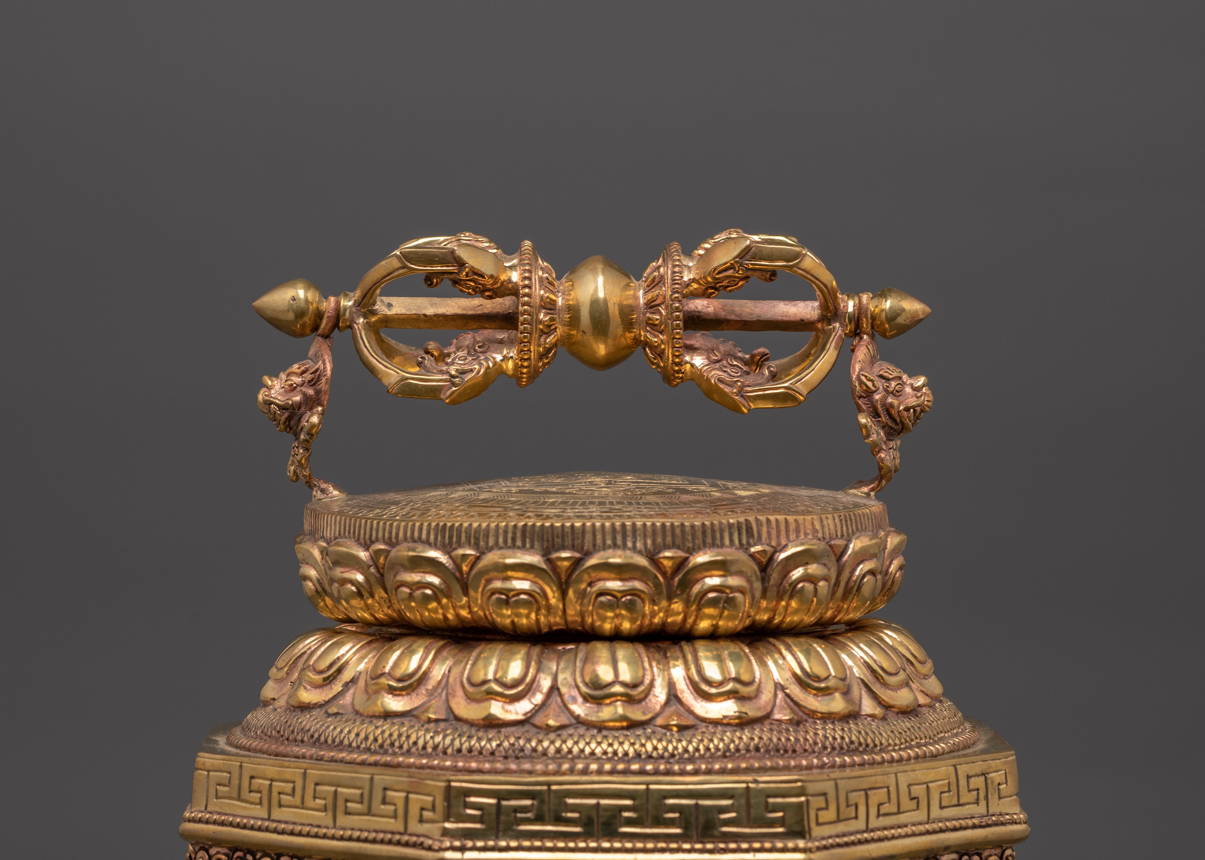 Sacred Buddhist Dharma Dhatu with Vajra | Gold Plated Copper Ritual Artifact