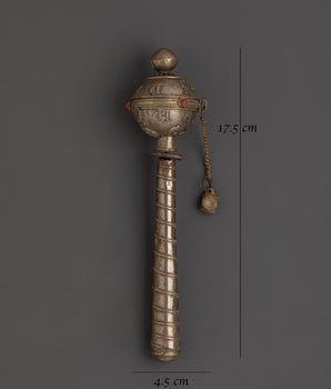 Handcrafted Buddhist Sacred Prayer Wheel | White Metal with Coral Inlays