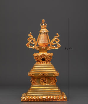 Handcrafted Sacred Traditional Buddhist Stupa | Gold Electroplated Copper Statue