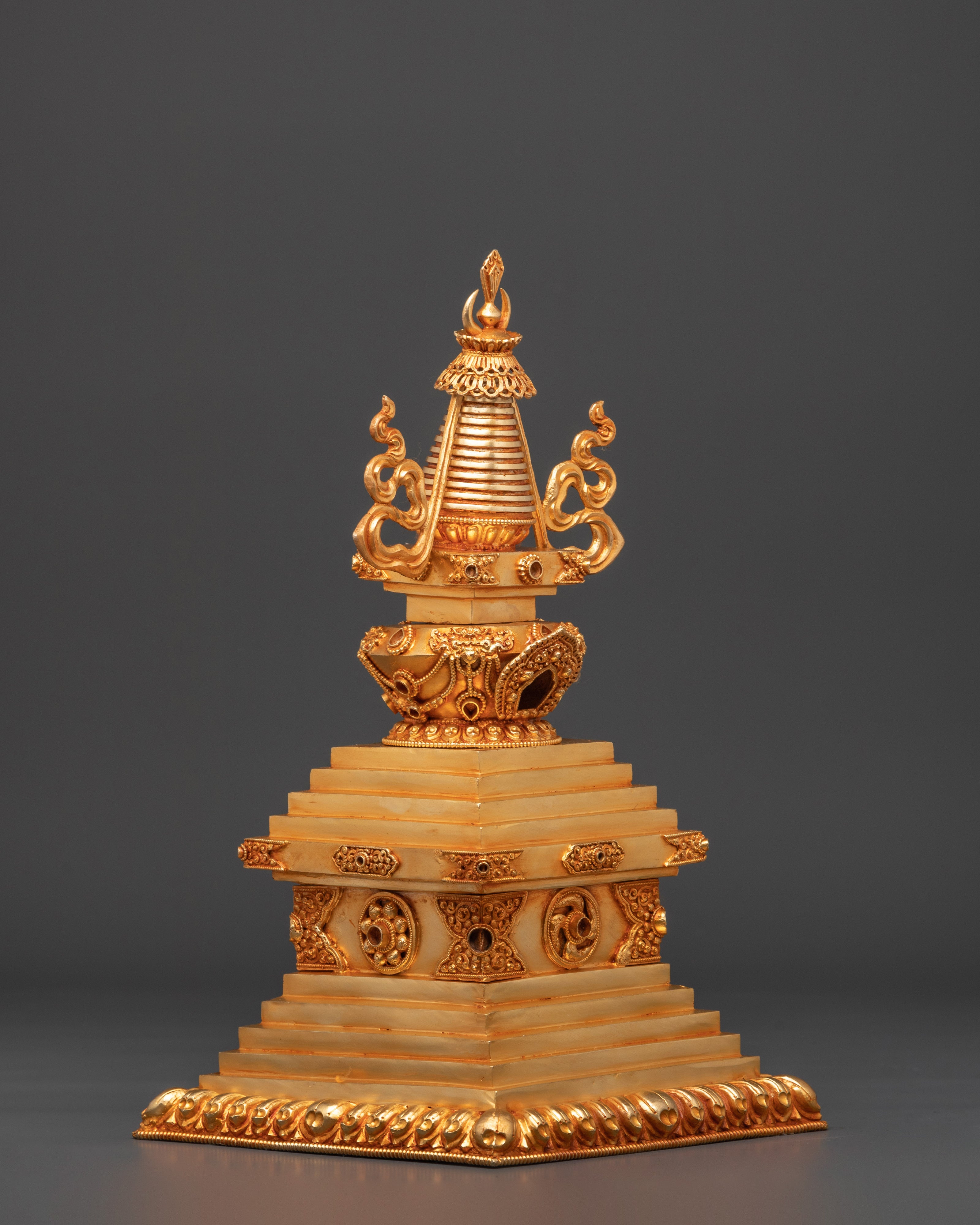 Handcrafted Sacred Traditional Buddhist Stupa | Gold Electroplated Copper Statue