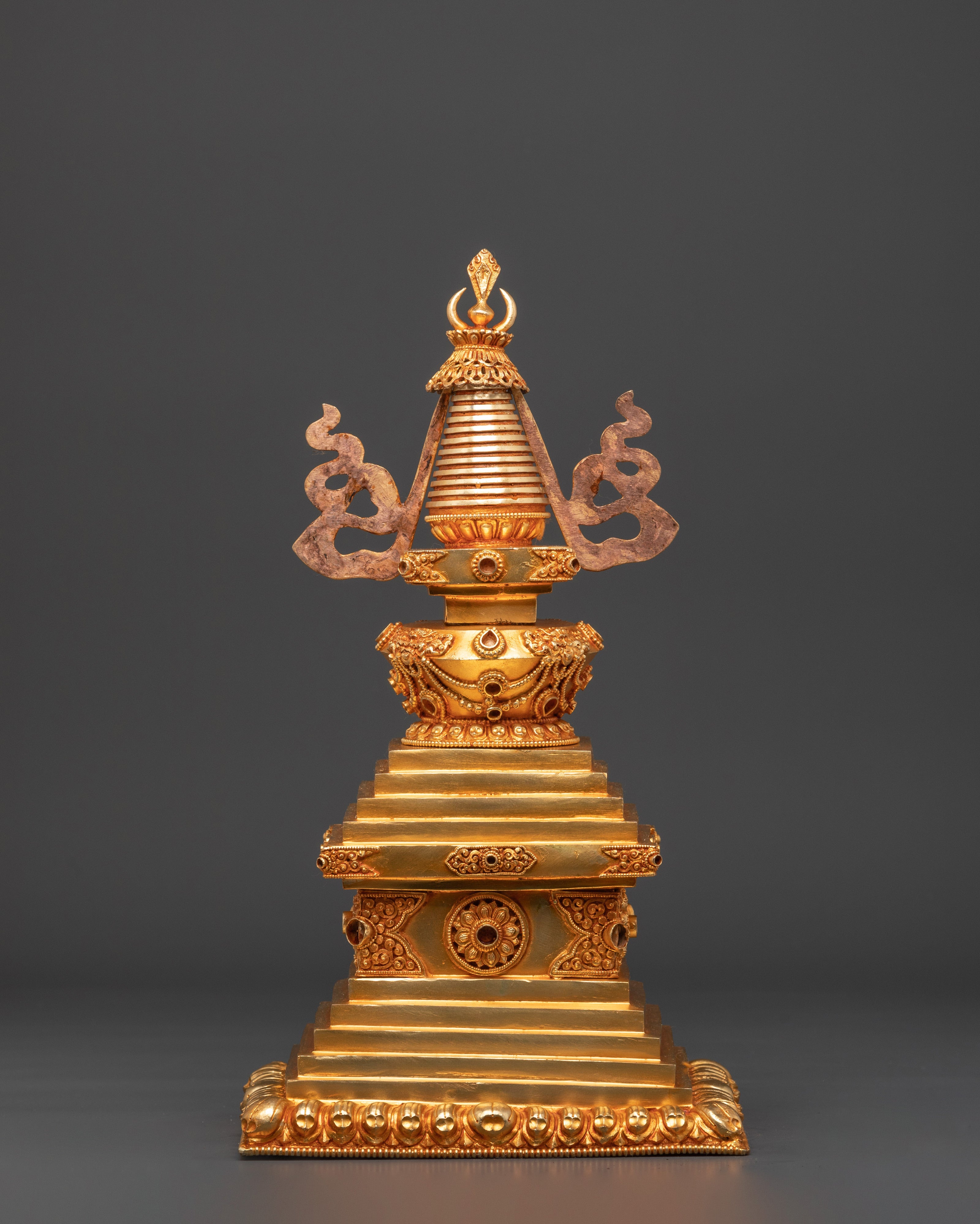 Handcrafted Sacred Traditional Buddhist Stupa | Gold Electroplated Copper Statue