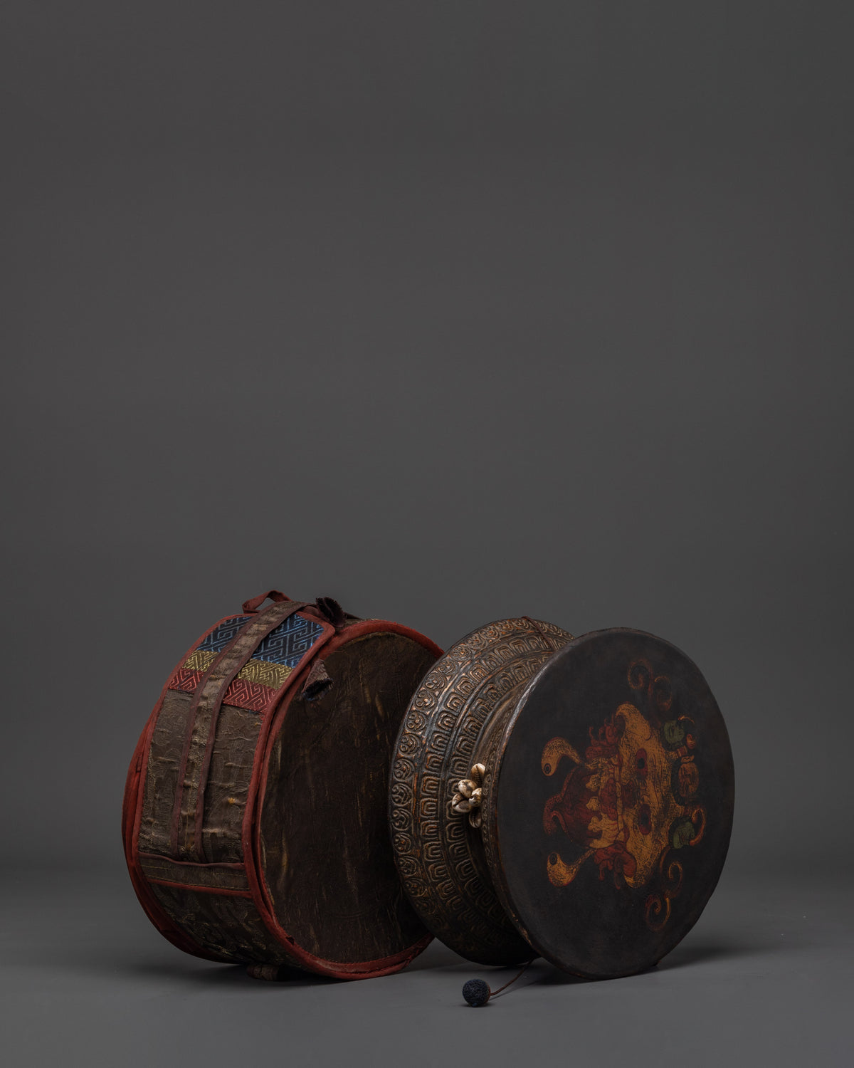 Handmade Tibetan Buddhist Damaru Drum | Sacred Ritual Drum with Conch Shell Accents