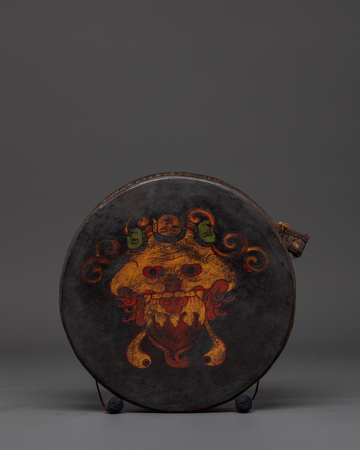 Handmade Tibetan Buddhist Damaru Drum | Sacred Ritual Drum with Conch Shell Accents