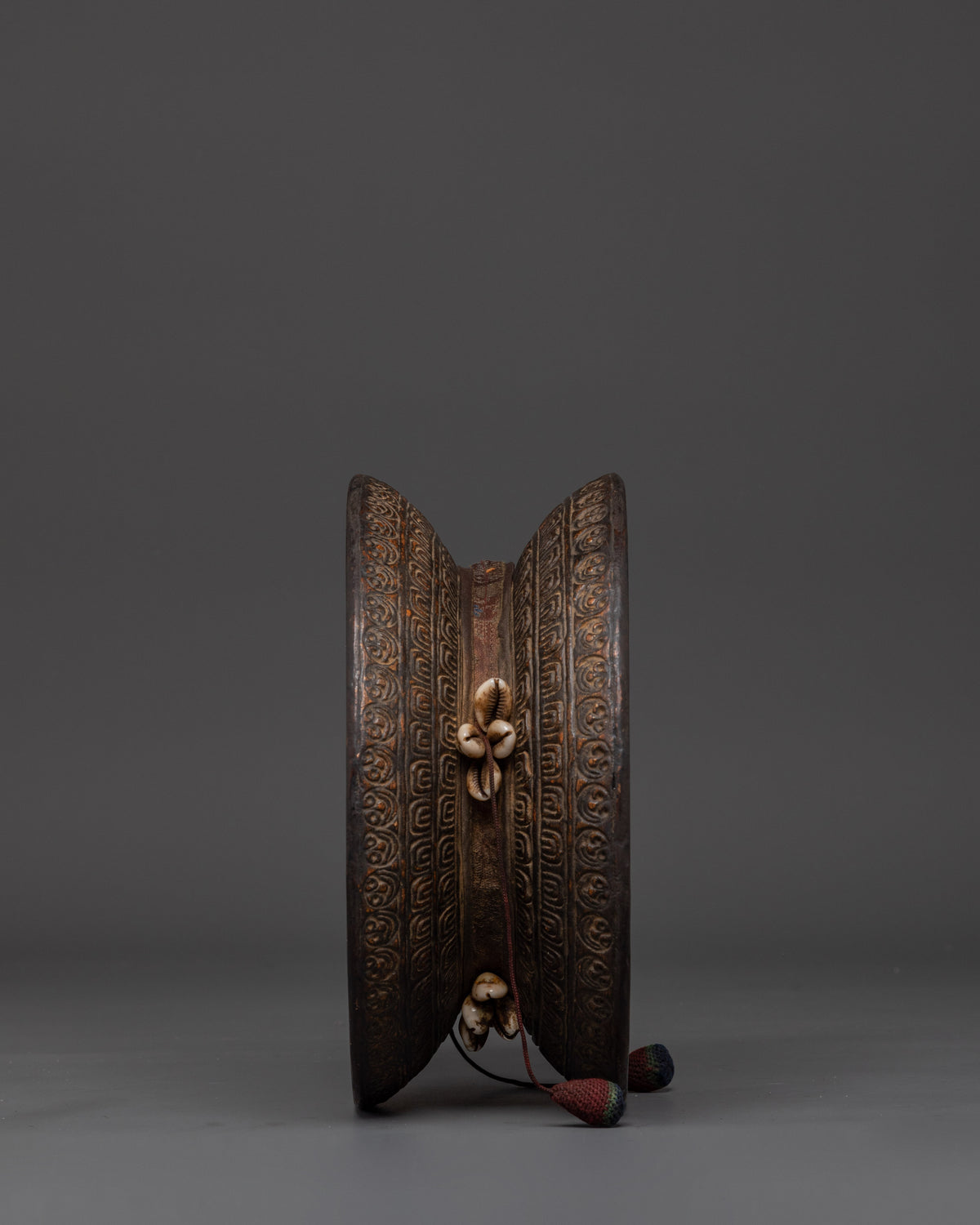 Handmade Tibetan Buddhist Damaru Drum | Sacred Ritual Drum with Conch Shell Accents