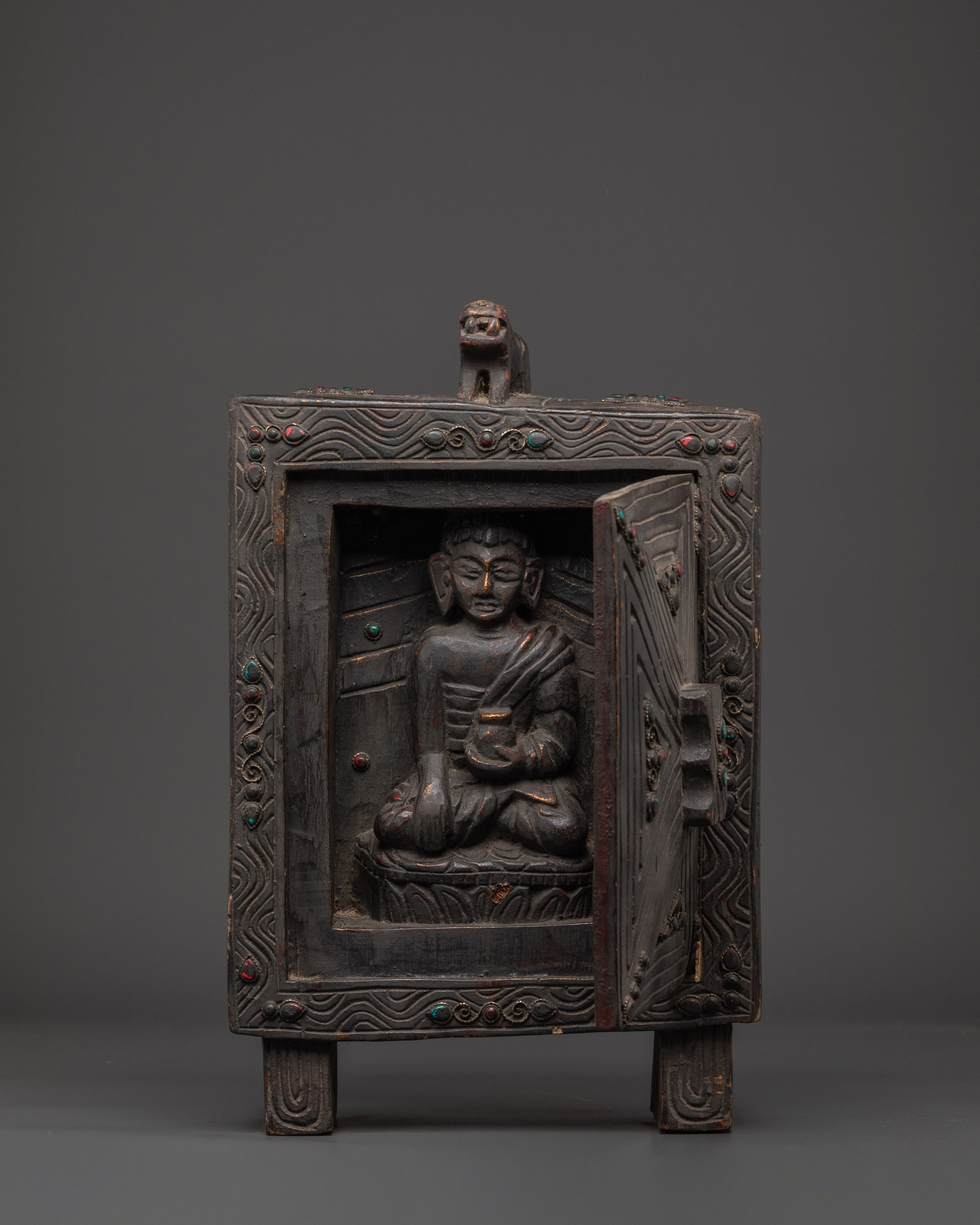 Sacred Shakyamuni Buddha in Wooden Box | Handcrafted Tibetan Buddhist Shrine