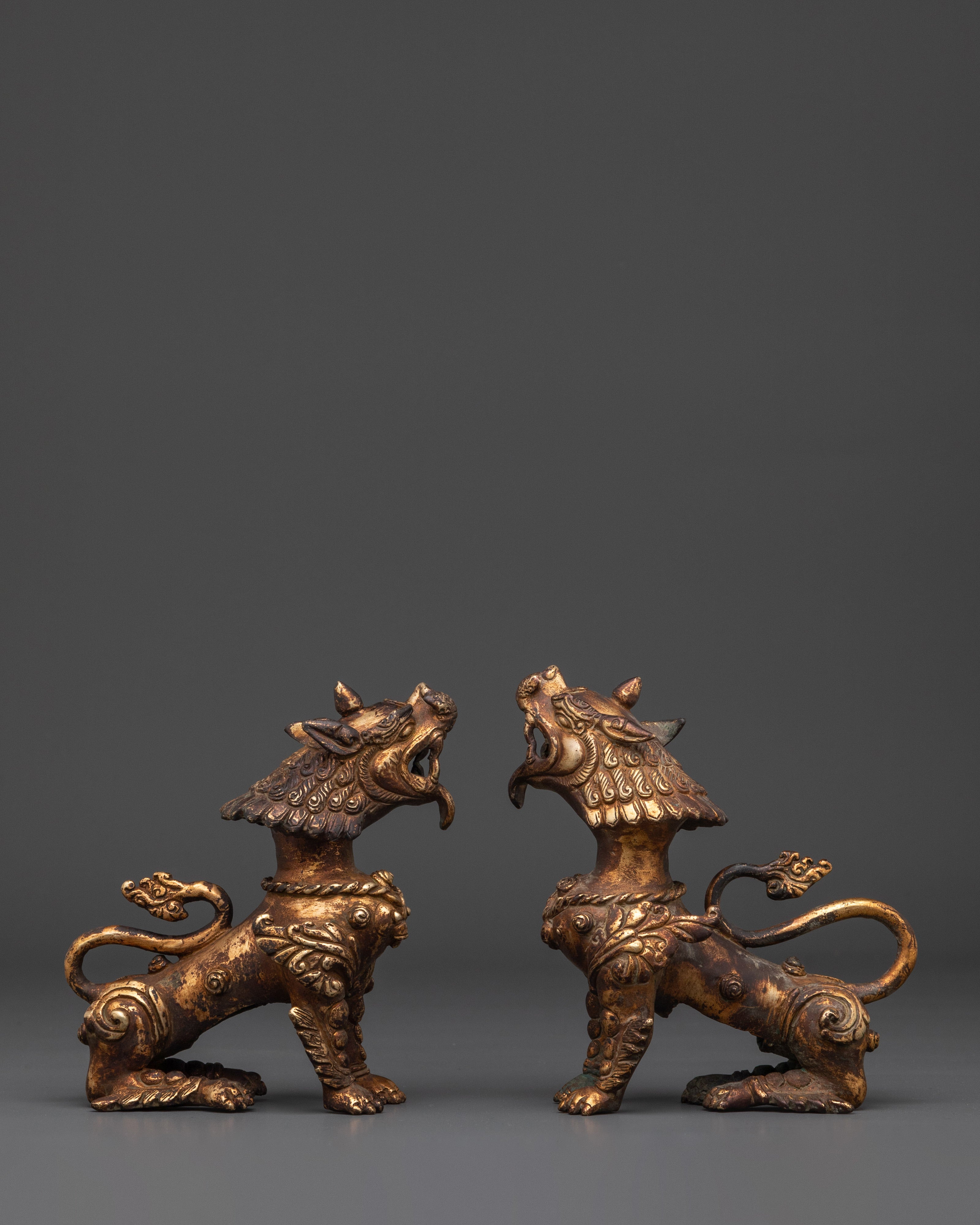 Handcrafted Lion Statue Set for Home Decor | Brass Tibetan Guardian Sculptures
