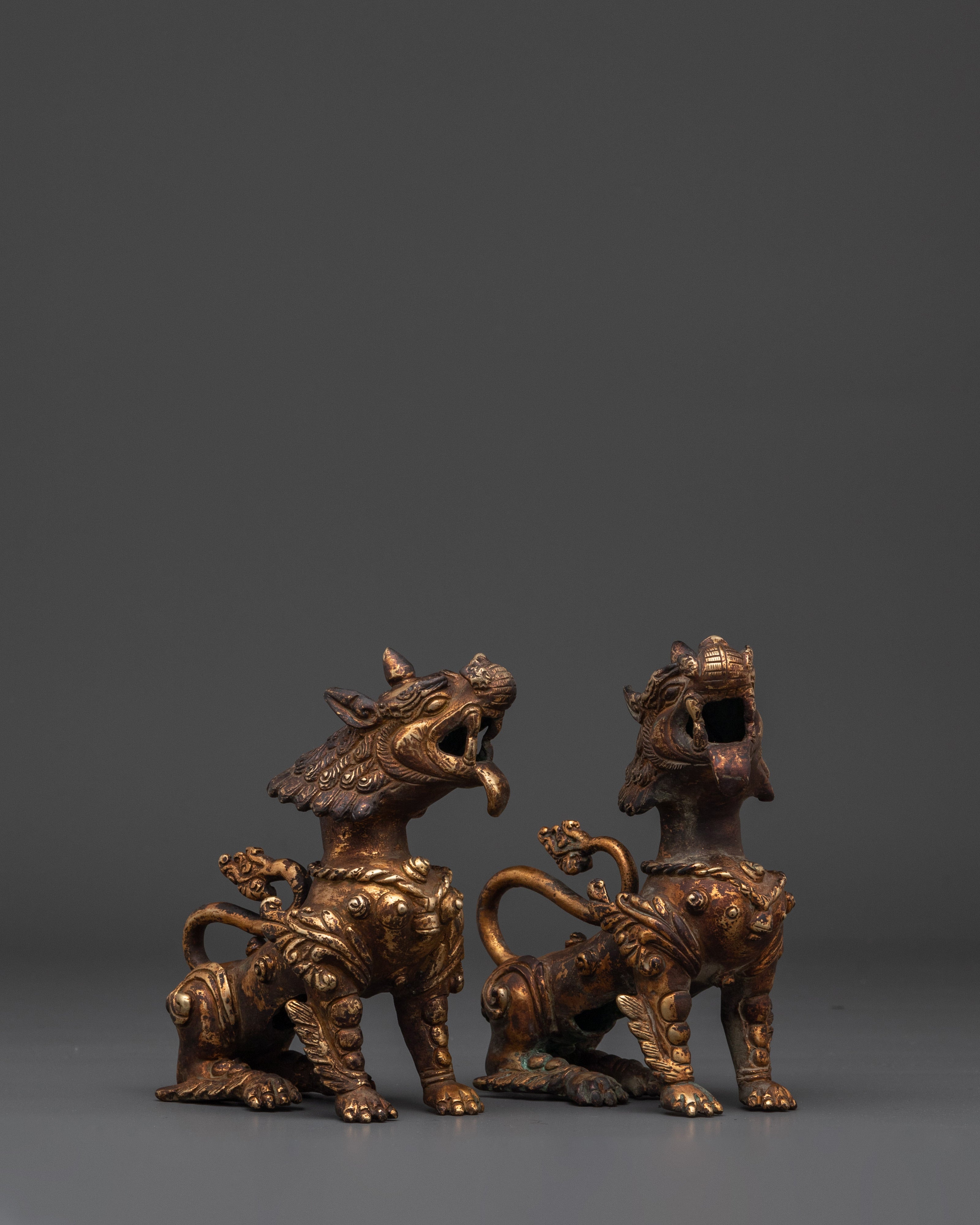 Handcrafted Lion Statue Set for Home Decor | Brass Tibetan Guardian Sculptures