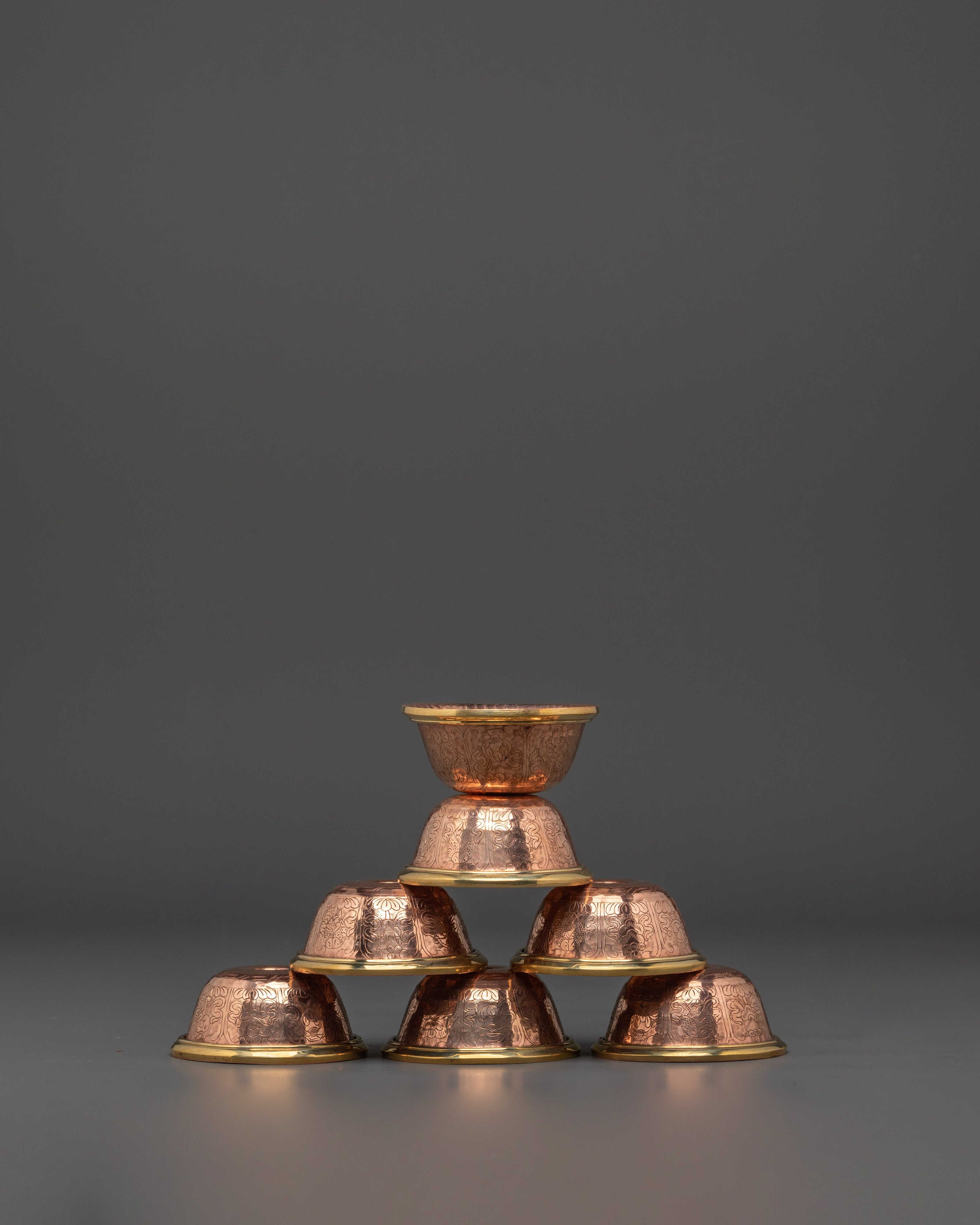 Buddhist Ritual Offering Bowl Set | Handcrafted Copper Bowls with Brass Lining