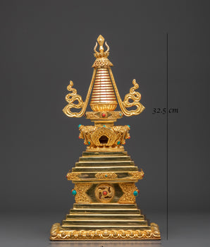 Gold Plated Buddhist Stupa for Rituals | Tibetan Copper Shrine