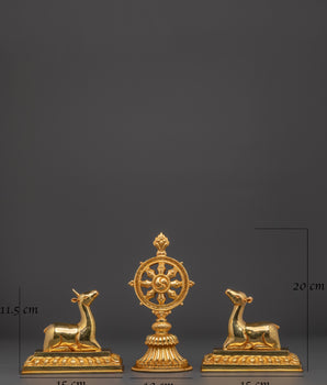 Gold Plated Dharma Wheel with Deer | Tibetan Buddhist Altar Symbol