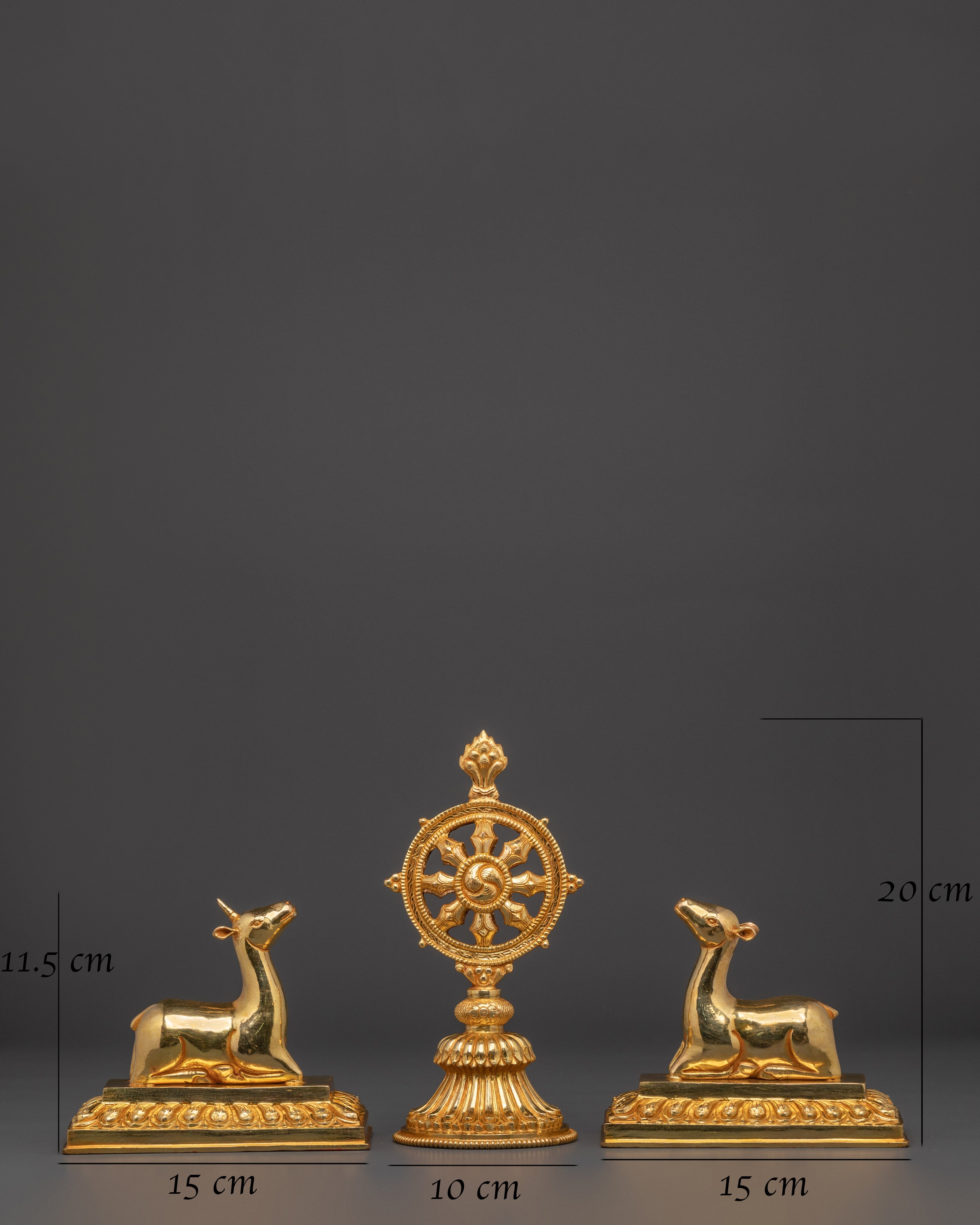 Gold Plated Dharma Wheel with Deer | Tibetan Buddhist Altar Symbol