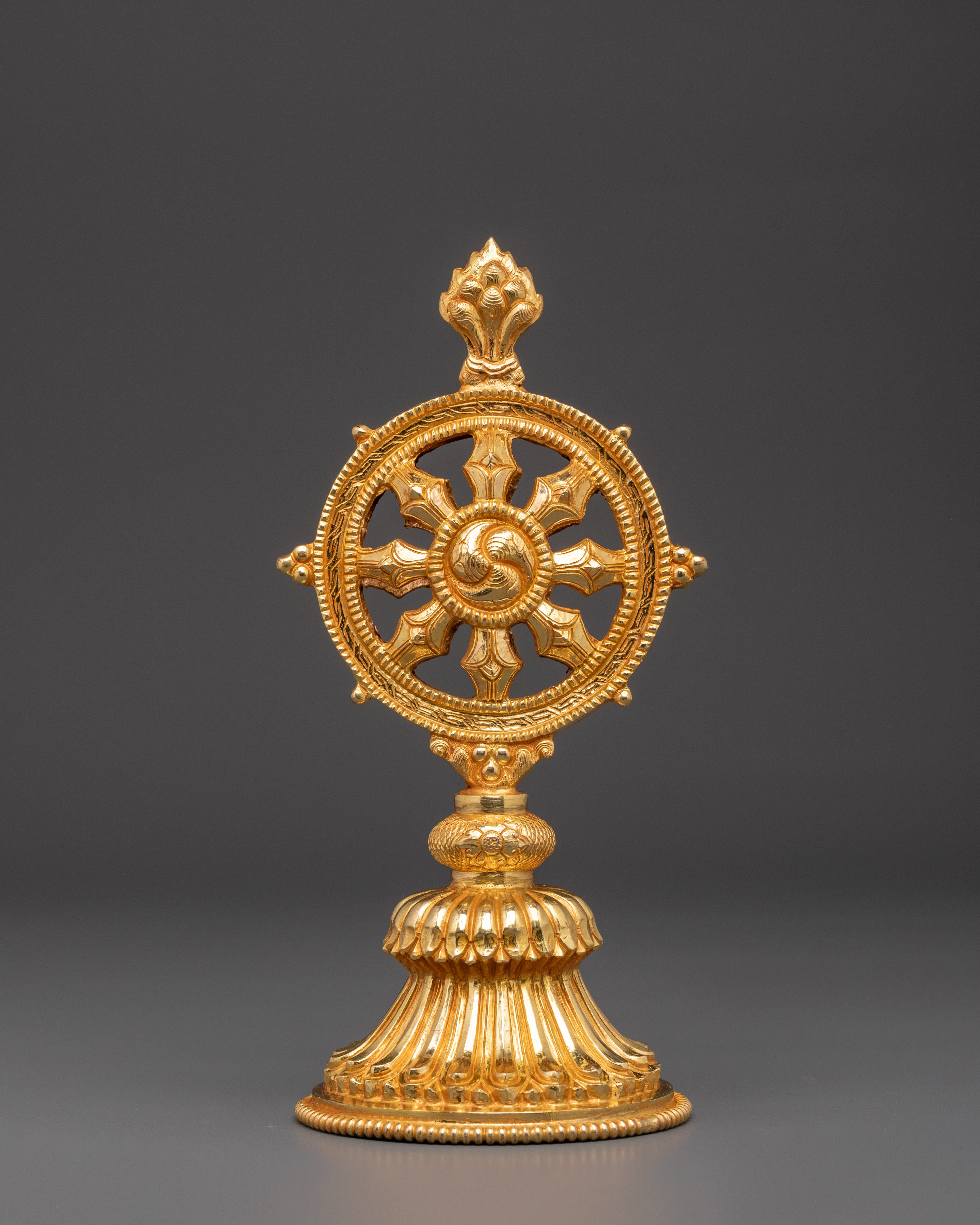 Gold Plated Dharma Wheel with Deer | Tibetan Buddhist Altar Symbol