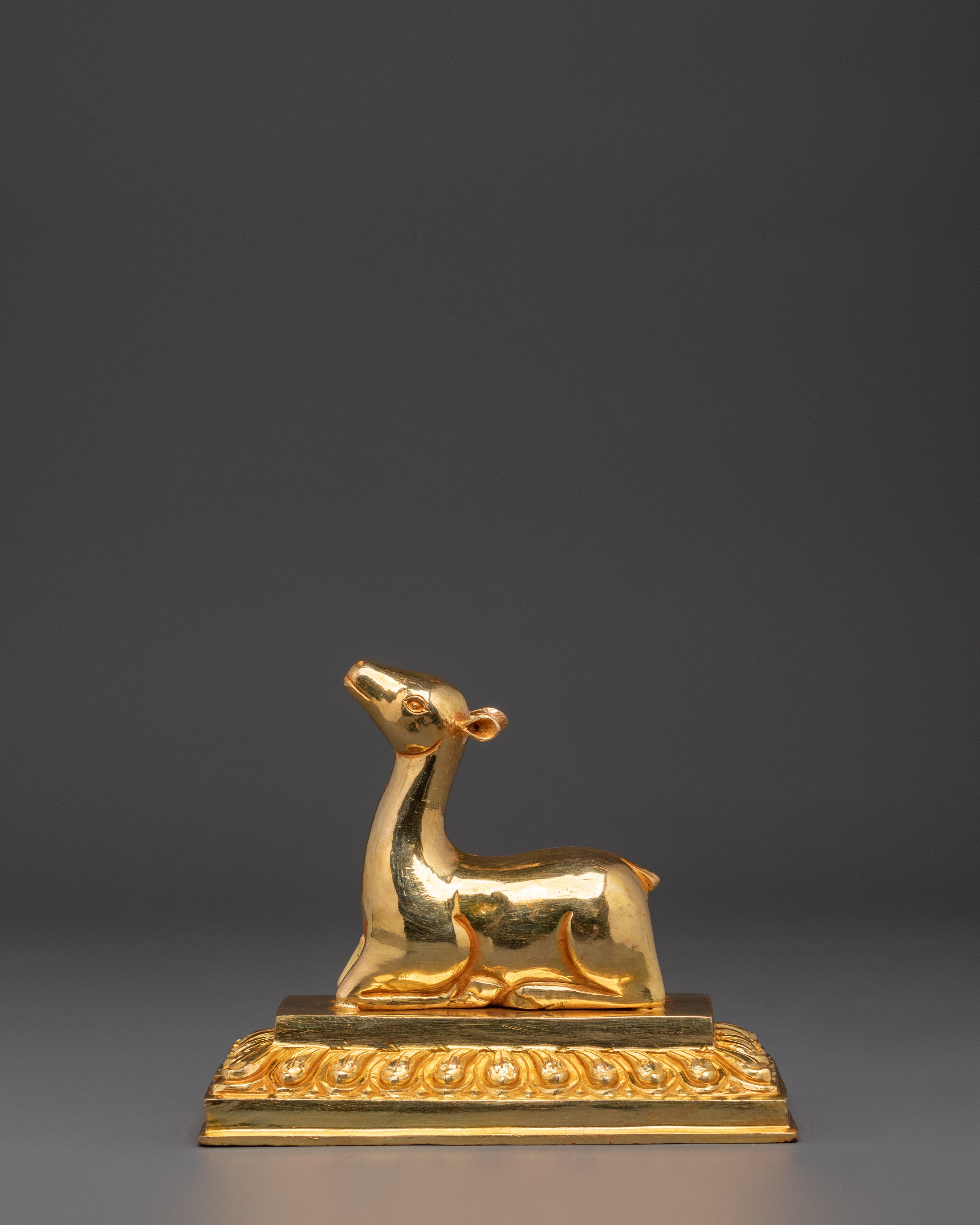 Gold Plated Dharma Wheel with Deer | Tibetan Buddhist Altar Symbol