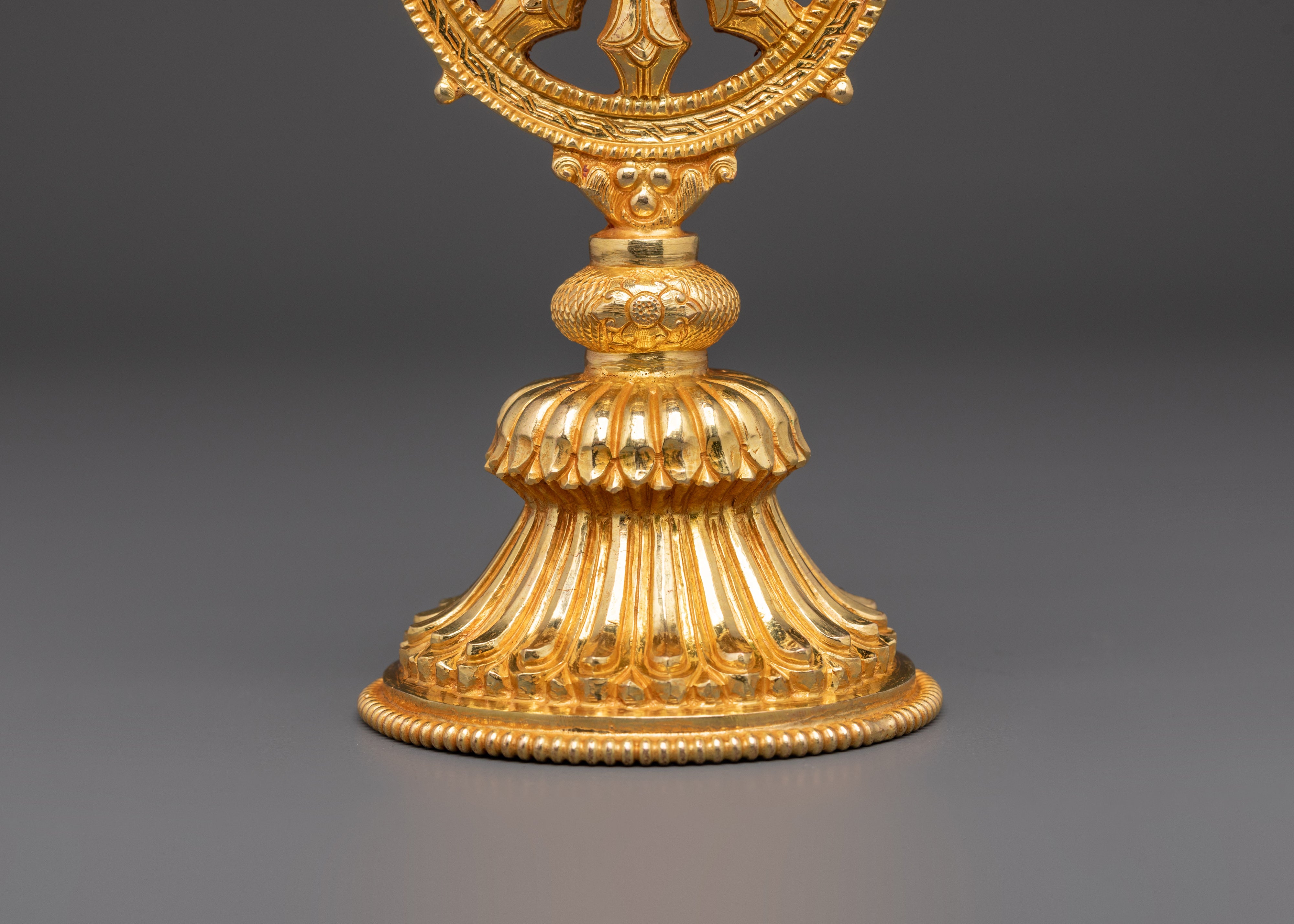 Gold Plated Dharma Wheel with Deer | Tibetan Buddhist Altar Symbol