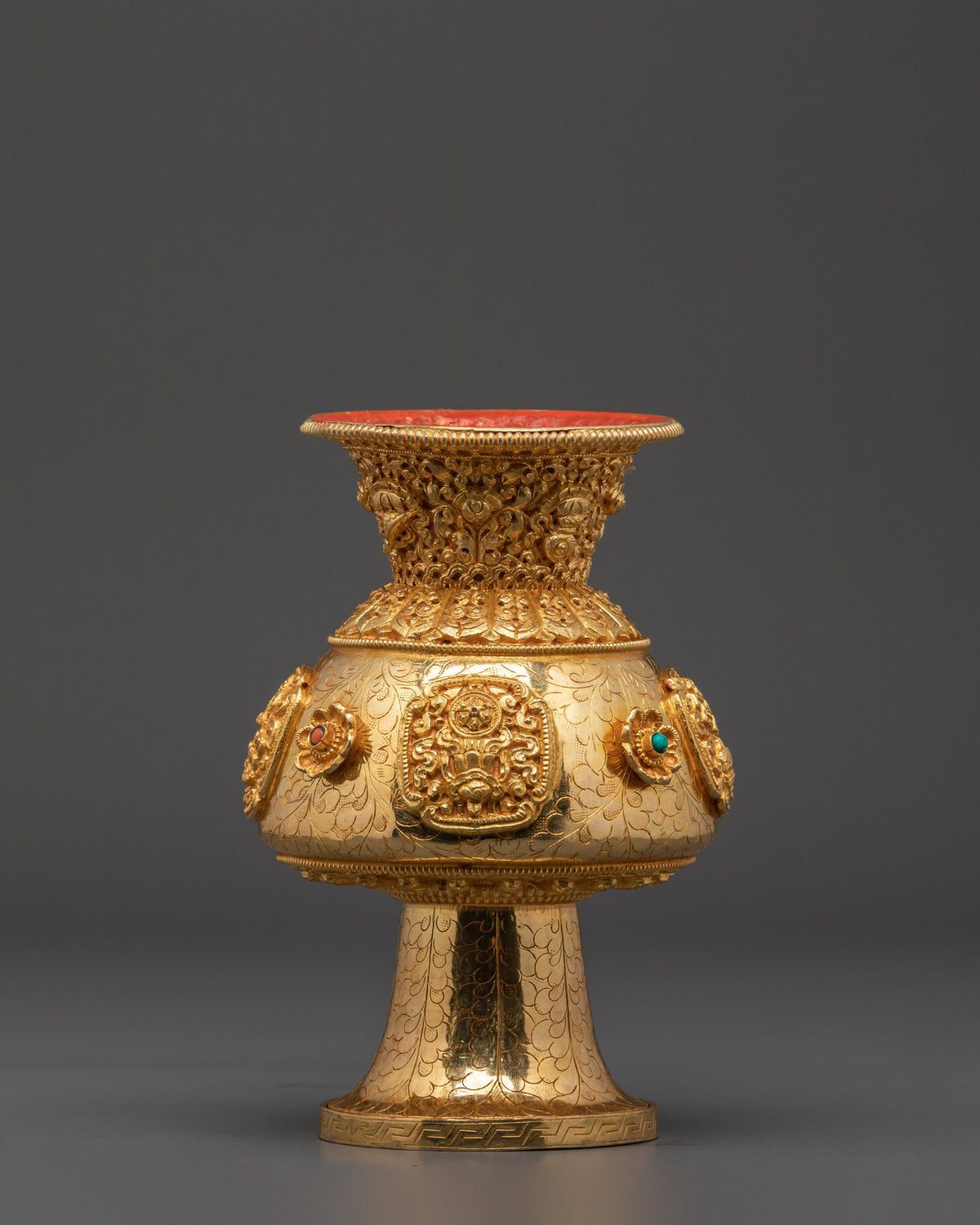 Handcrafted Copper Vase | Copper Vase with Coral & Turquoise for Altar