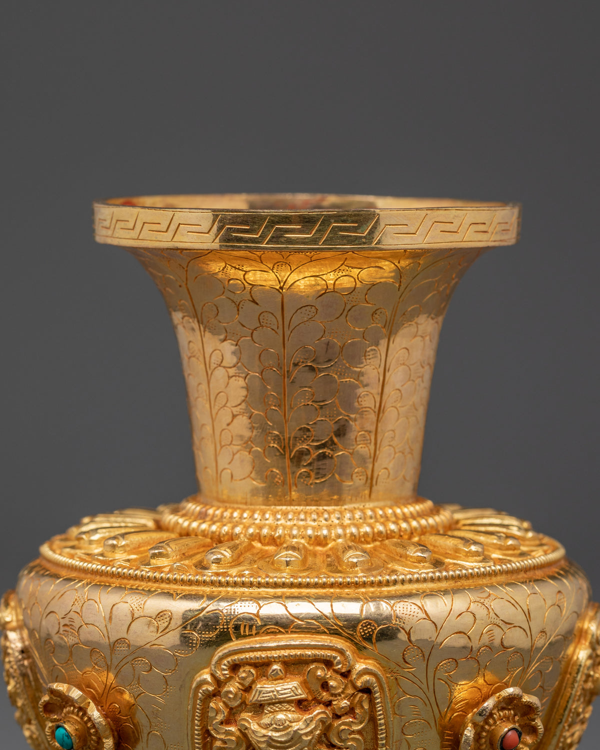 Handcrafted Copper Vase | Copper Vase with Coral & Turquoise for Altar